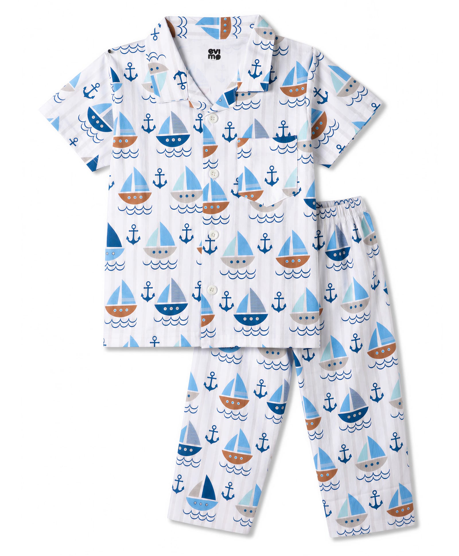 Evimo Single Jersey Knit Half Sleeves Co-Ords Boat Printed Shirt & Pyjama Night Suit - White & Blue-picture-25
