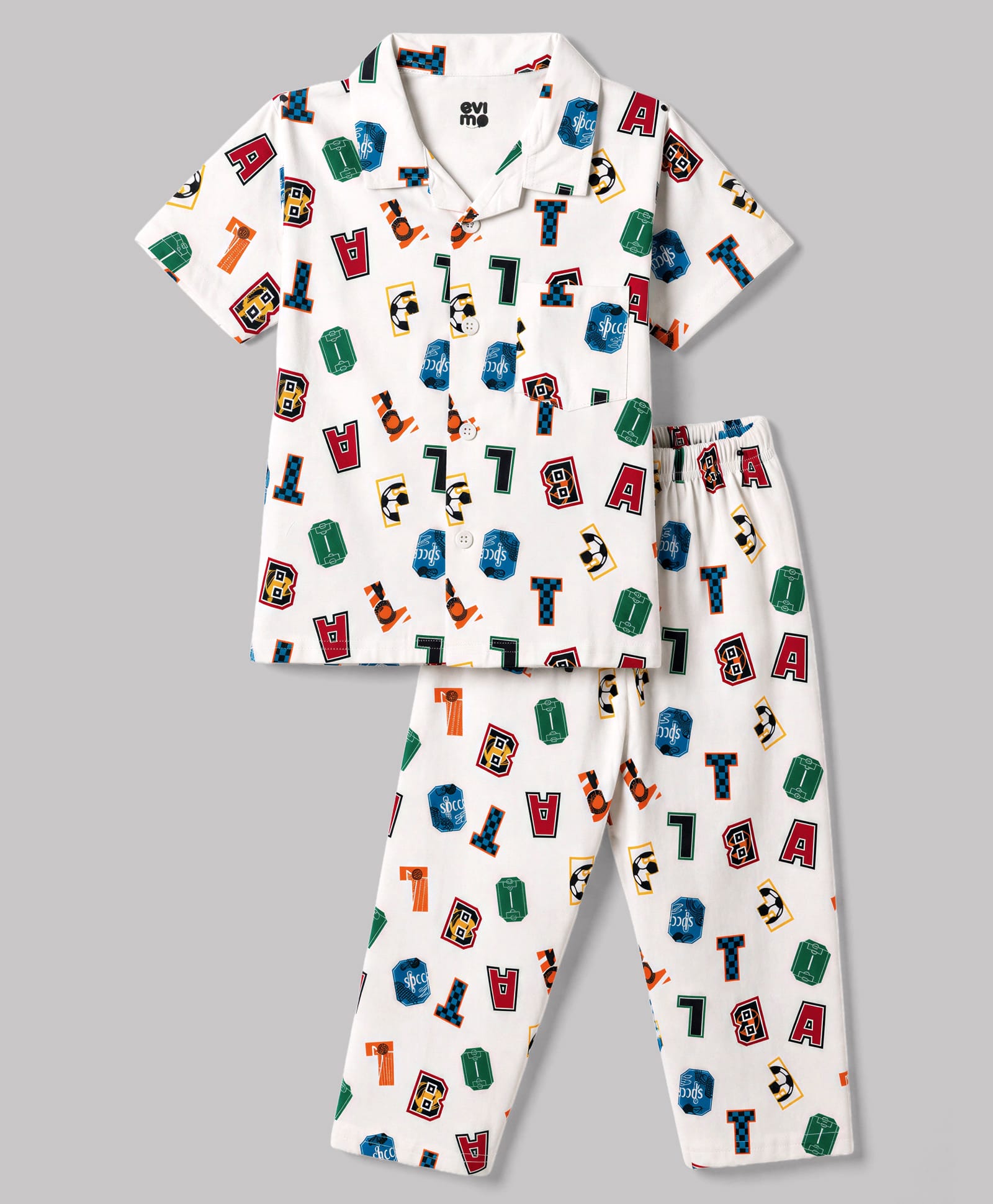 Evimo Single Jersey Knit Half Sleeves Co-Ords Alphabet Printed Shirt & Pyjama Night Suit - White-picture-14