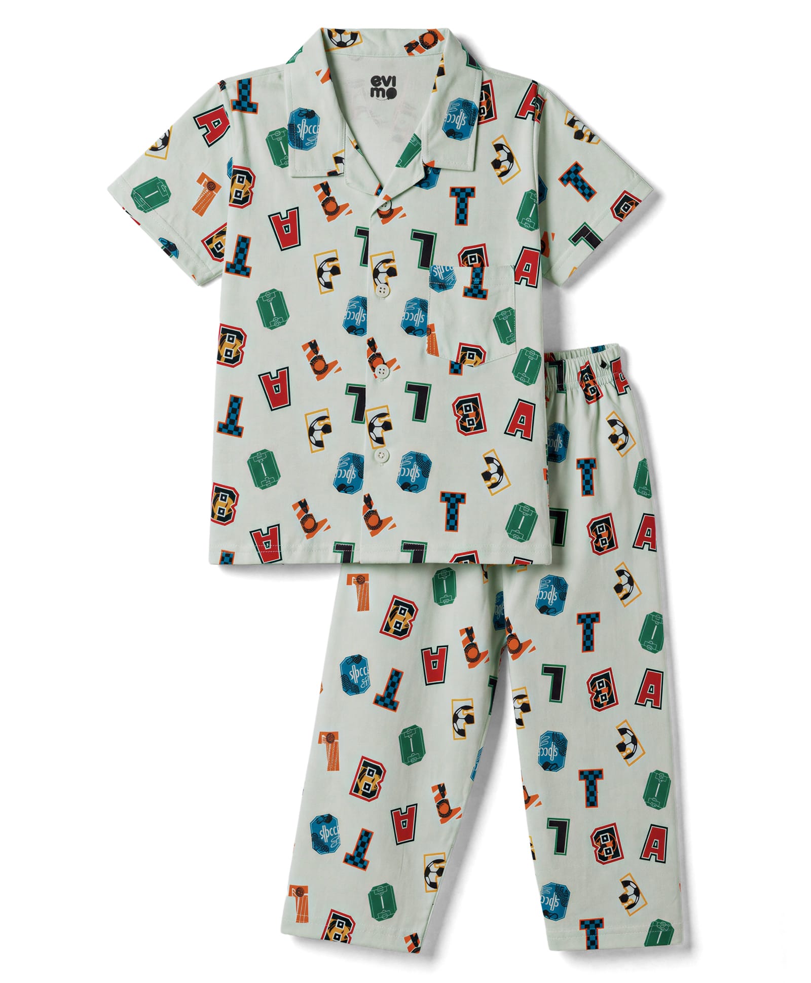 Evimo Single Jersey Knit Half Sleeves Co-Ords Alphabet Printed Shirt & Pyjama Night Suit - Cream-picture-1