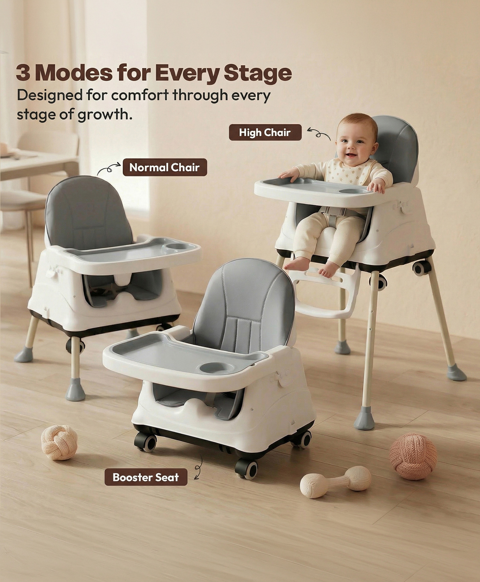 3-in-1 High Chair with PU Cushion | Feeding Chair, Booster Seat & High Chair| Adjustable Double Food Tray| Removable PU Leather Seat| Safety Harness & Footrest - Grey-image-12