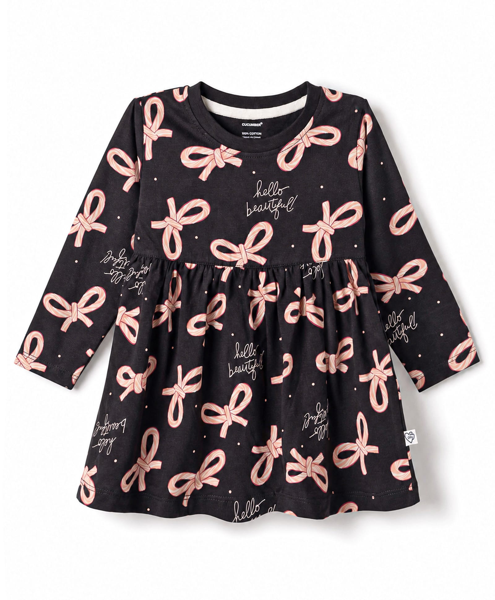 CUCUMBER Sinker Knit Full Sleeves Bow & Text Printed Frock - Charcoal Grey-image-37