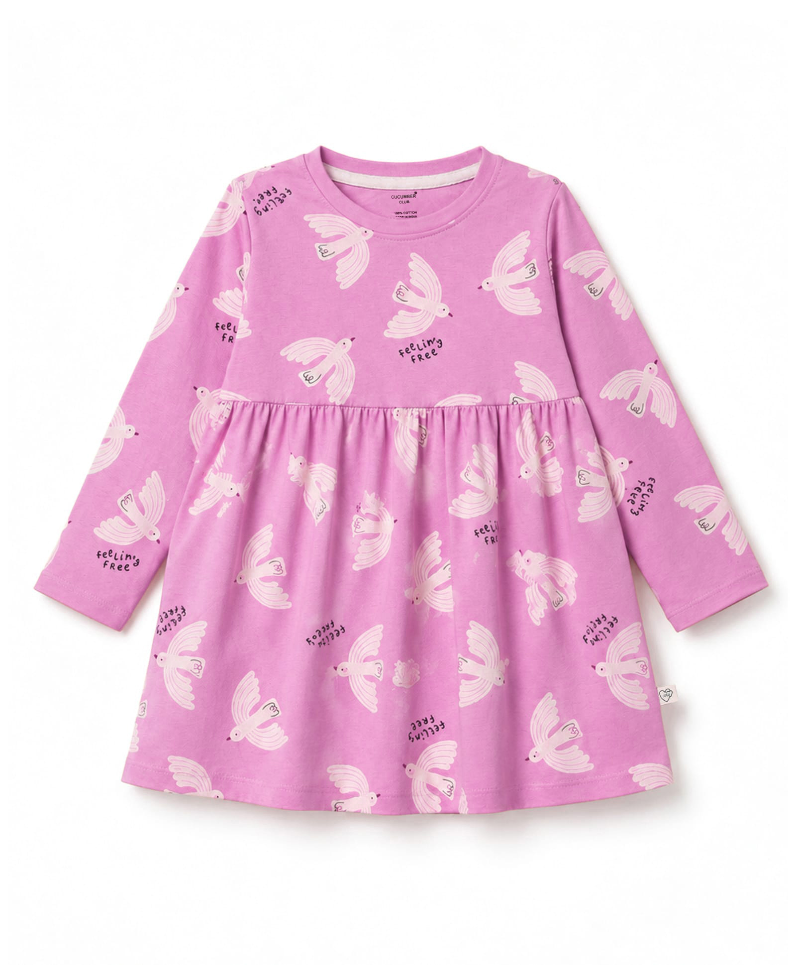 CUCUMBER Sinker Knit Full Sleeves Birds Printed Frock - Pink-image-17
