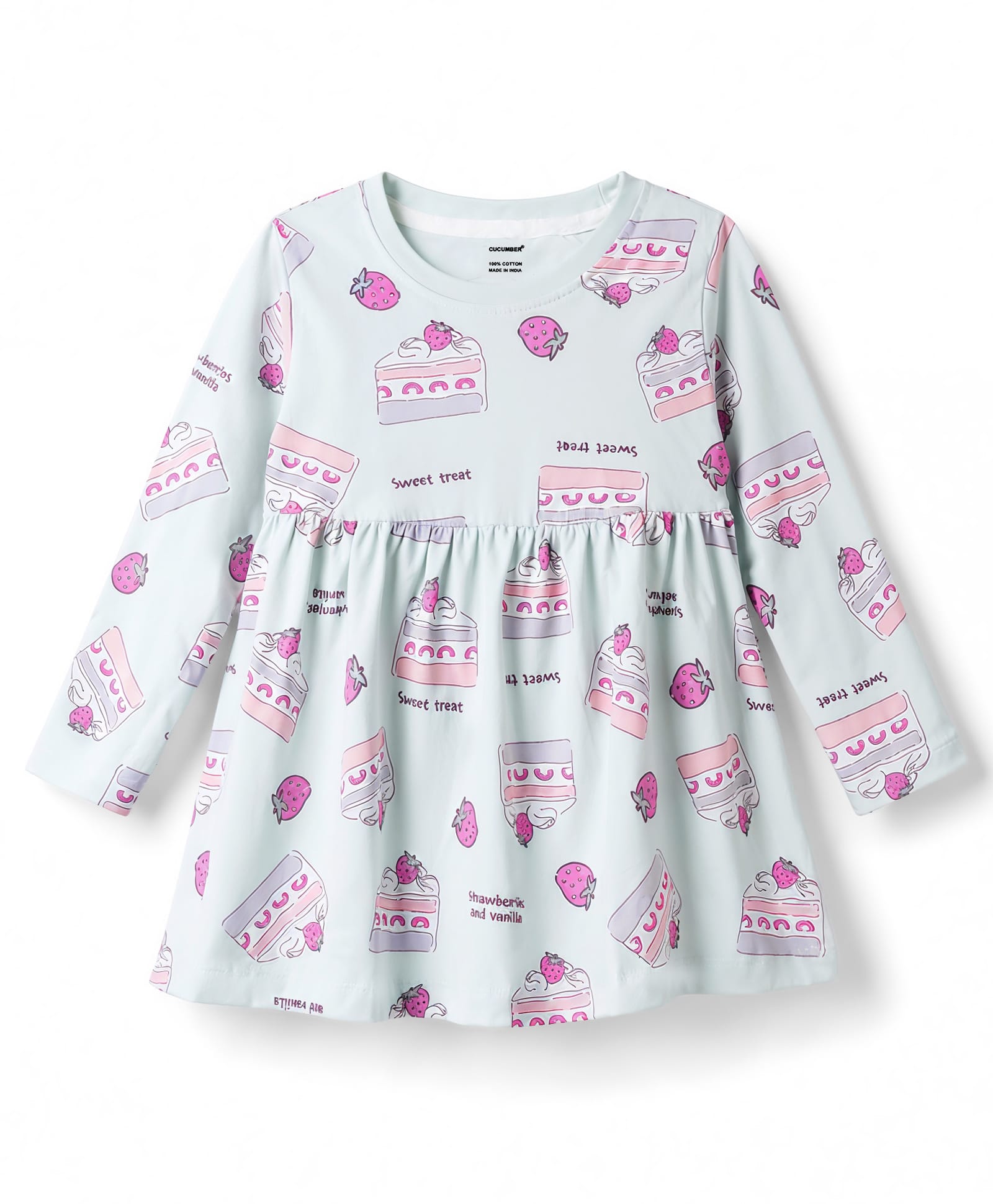 CUCUMBER Sinker Knit Full Sleeves Strawberry & Cake Slice Printed Frock - Light Blue-picture-45