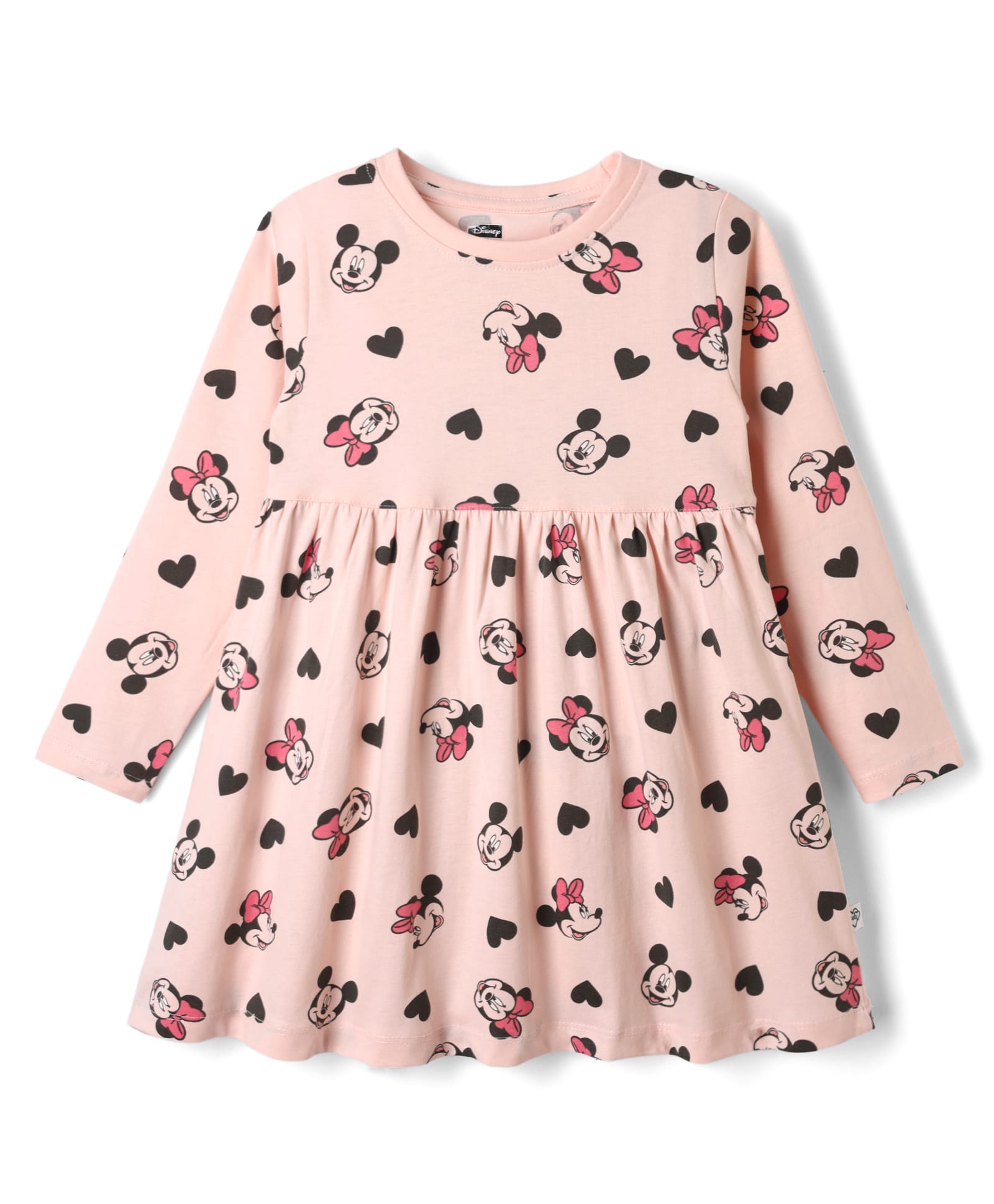 CUCUMBER Sinker Knit Full Sleeves Flared One Piece Frock With Minnie Mouse Graphics - Peach-image-27