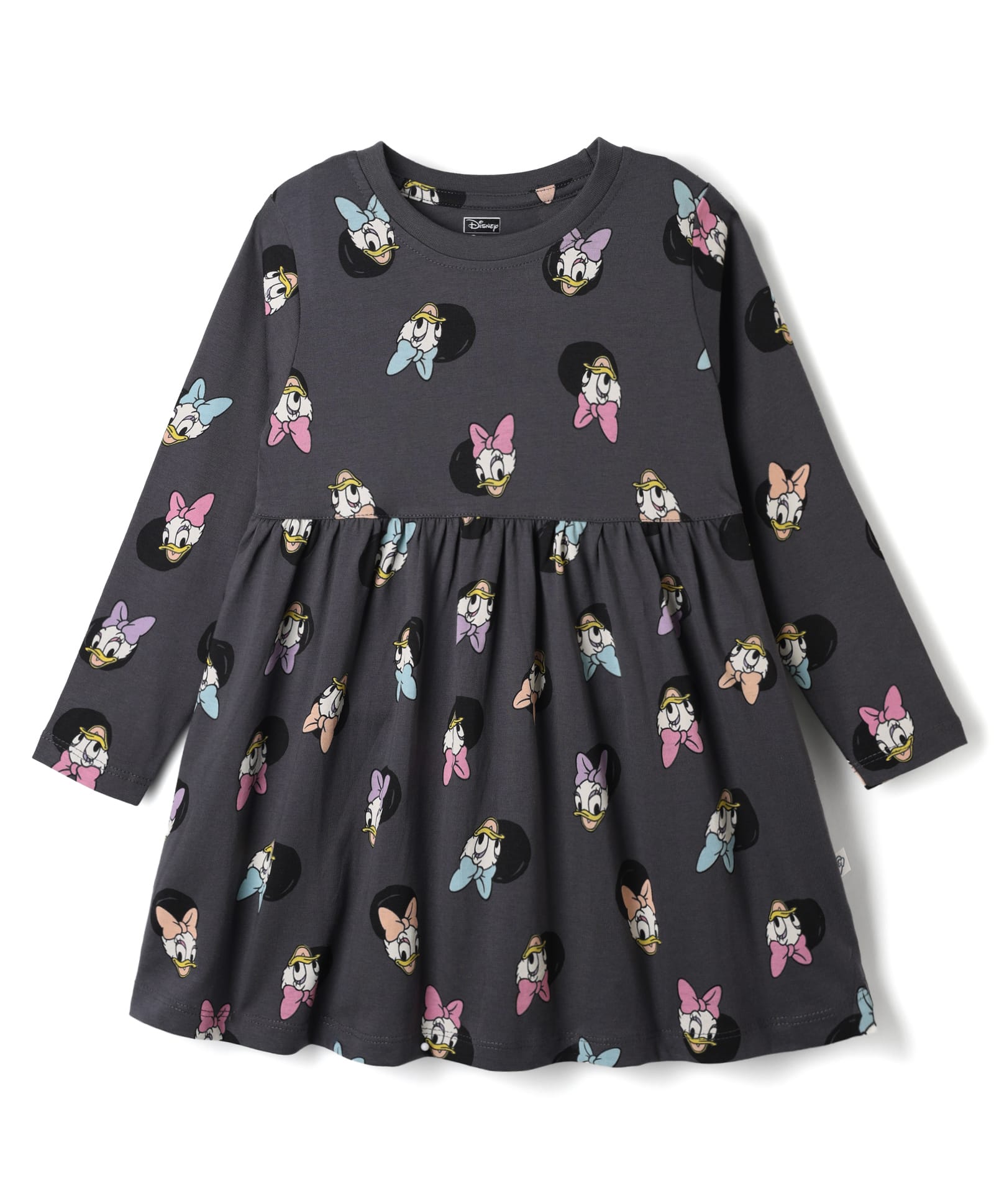 CUCUMBER Cotton Knit One Piece Dresses/Frocks Full Sleeves Round Neck Daisy Duck All Over Prints Charcoal Grey 5-6 Years-image-34