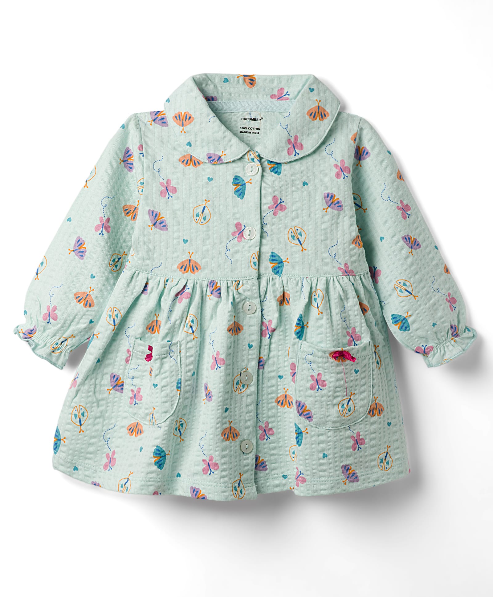 CUCUMBER Cotton Woven One Piece Dresses/Frocks Full Sleeves Butterfly Print L Blue 12-18 Months-picture-9