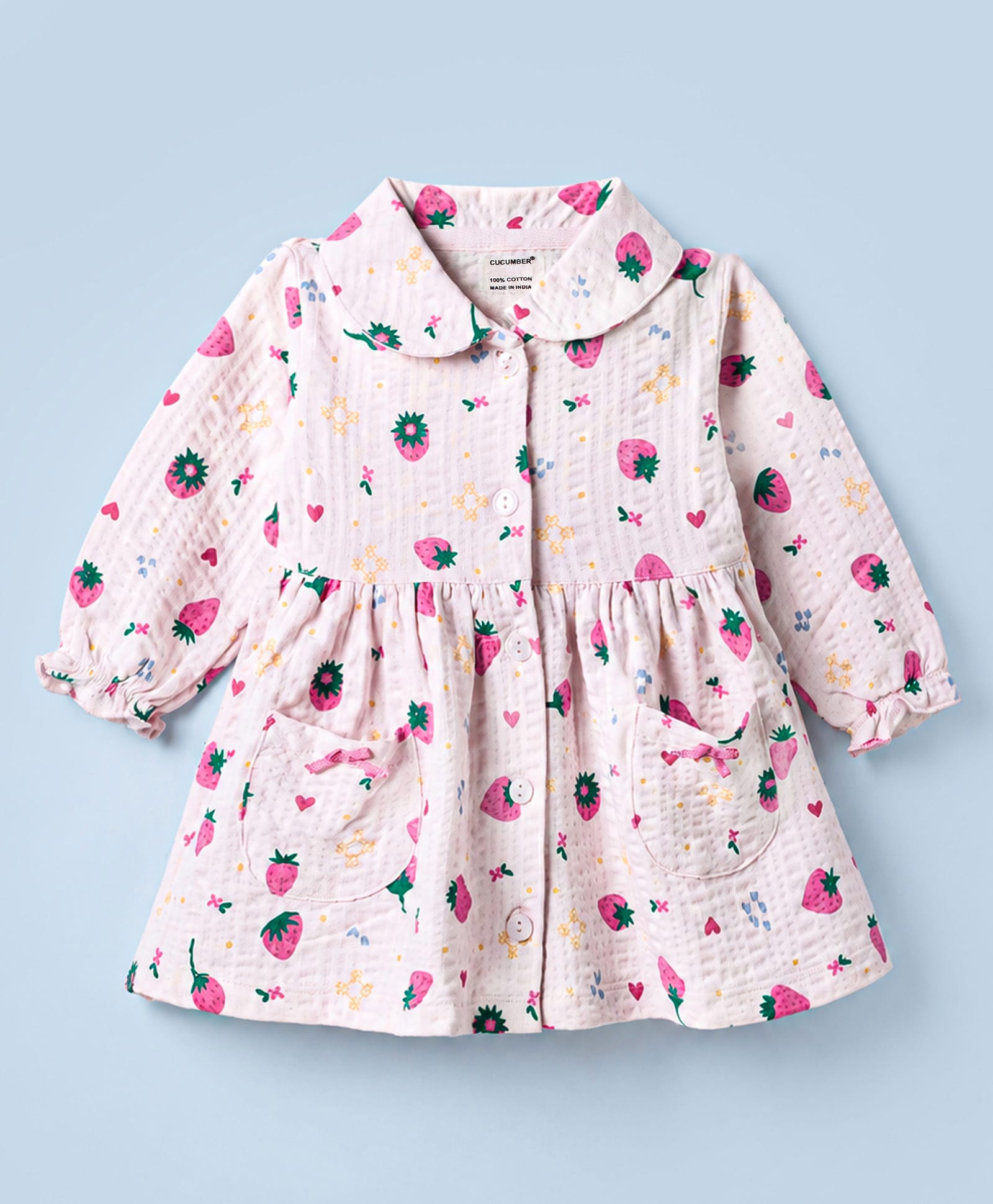CUCUMBER Sinker Knit Full Sleeves Strawberry & Floral Printed Frock - Baby Pink-picture-0