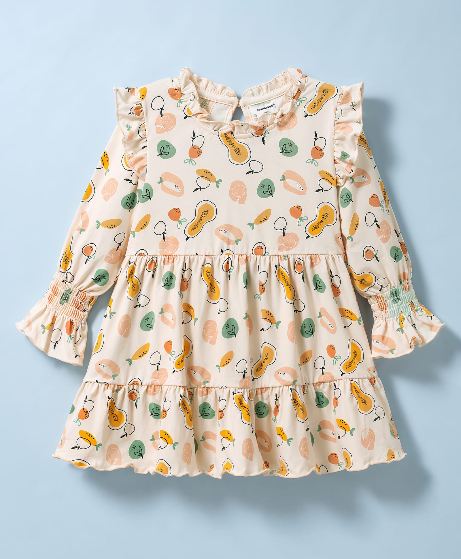 CUCUMBER Sinker Knit Full Sleeves Flared Tiered One Piece Frock With Fruit Print - Cream-picture-9
