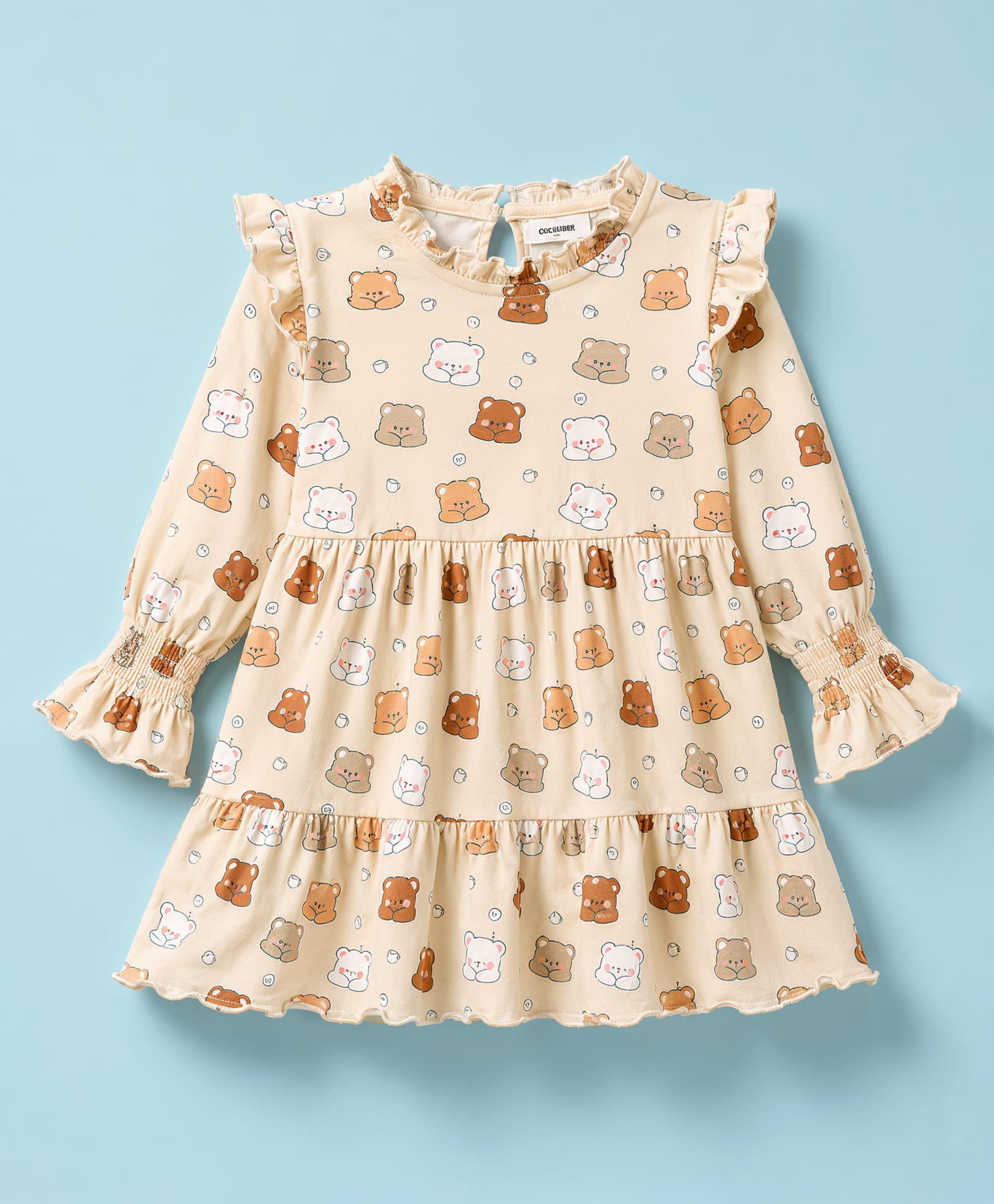 CUCUMBER Sinker Knit Full Sleeves Flared One Piece Frock With Bear Print - Cream-image-22