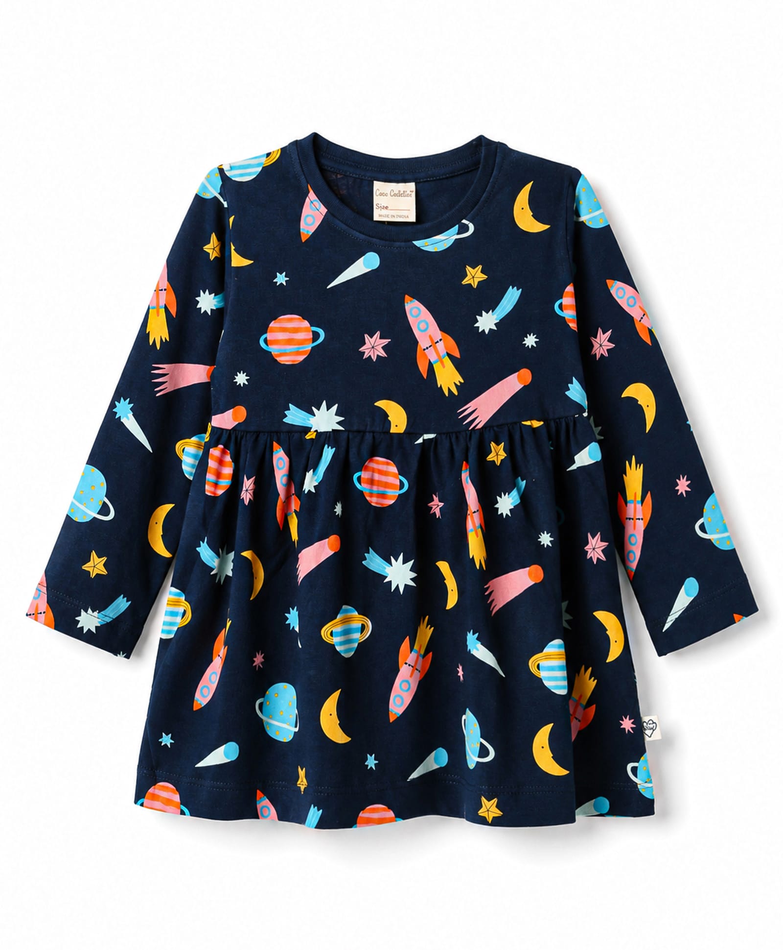 CUCUMBER Sinker Knit Full Sleeves Space Theme Printed Frock - Navy Blue-image-38