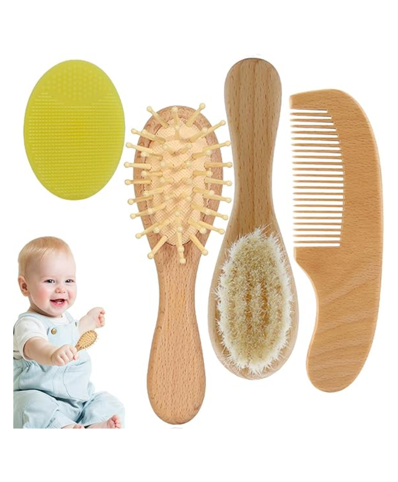 Babymoon Set of 4 Baby Grooming Set Wooden Comb, Hair Brush, Shampoo Brush, Face Brush for Kids Girls Baby Return Gift Set-image-5