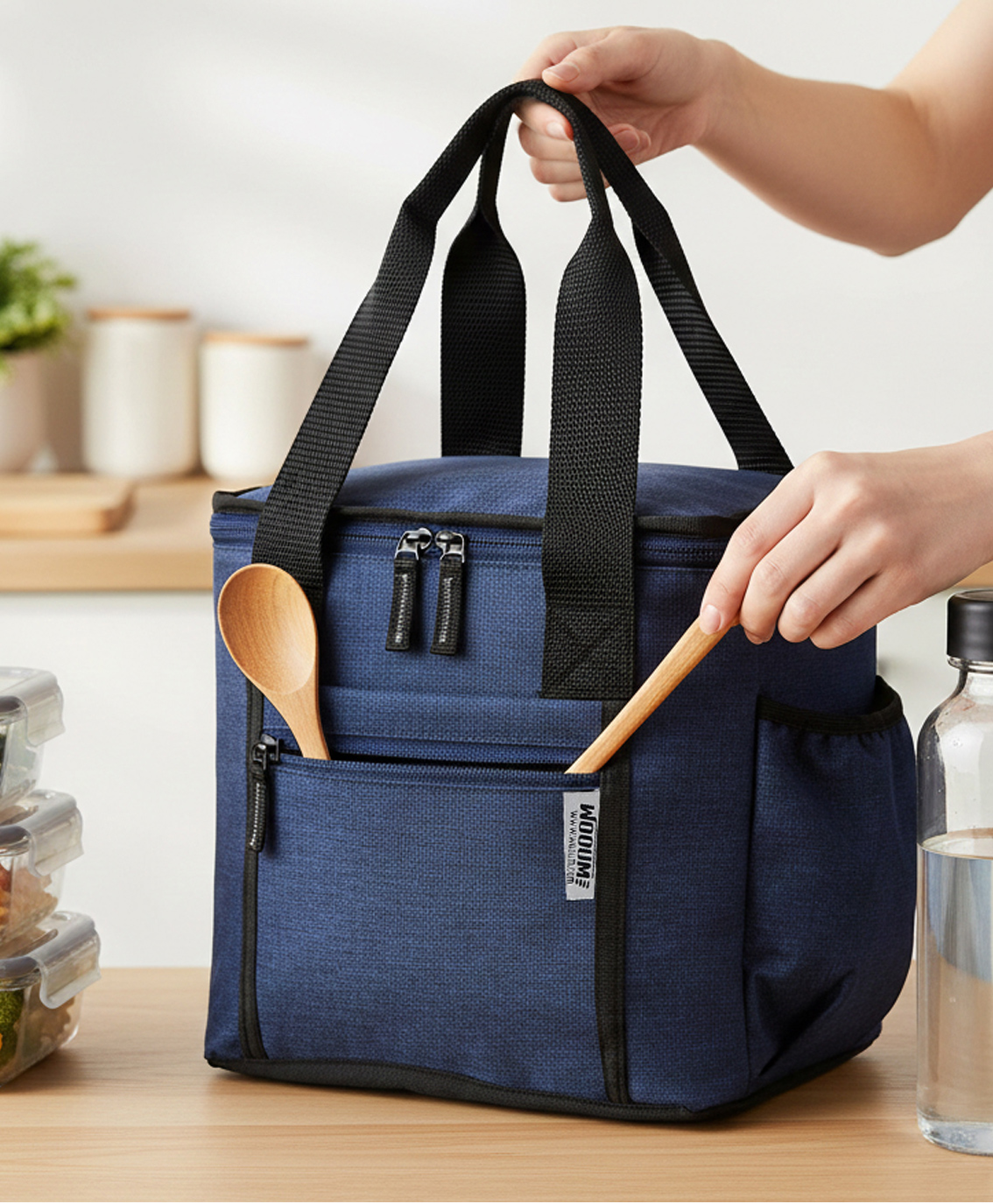 Wooum Thermal Insulated Lunch Bag for Office Men Women Kids | 9L Tiffin Bag with Bottle Holder | Waterproof Food Bag for School, Travel, Work | Leakproof, Compact, 1 Year Warranty (Navy Blue)-image-49