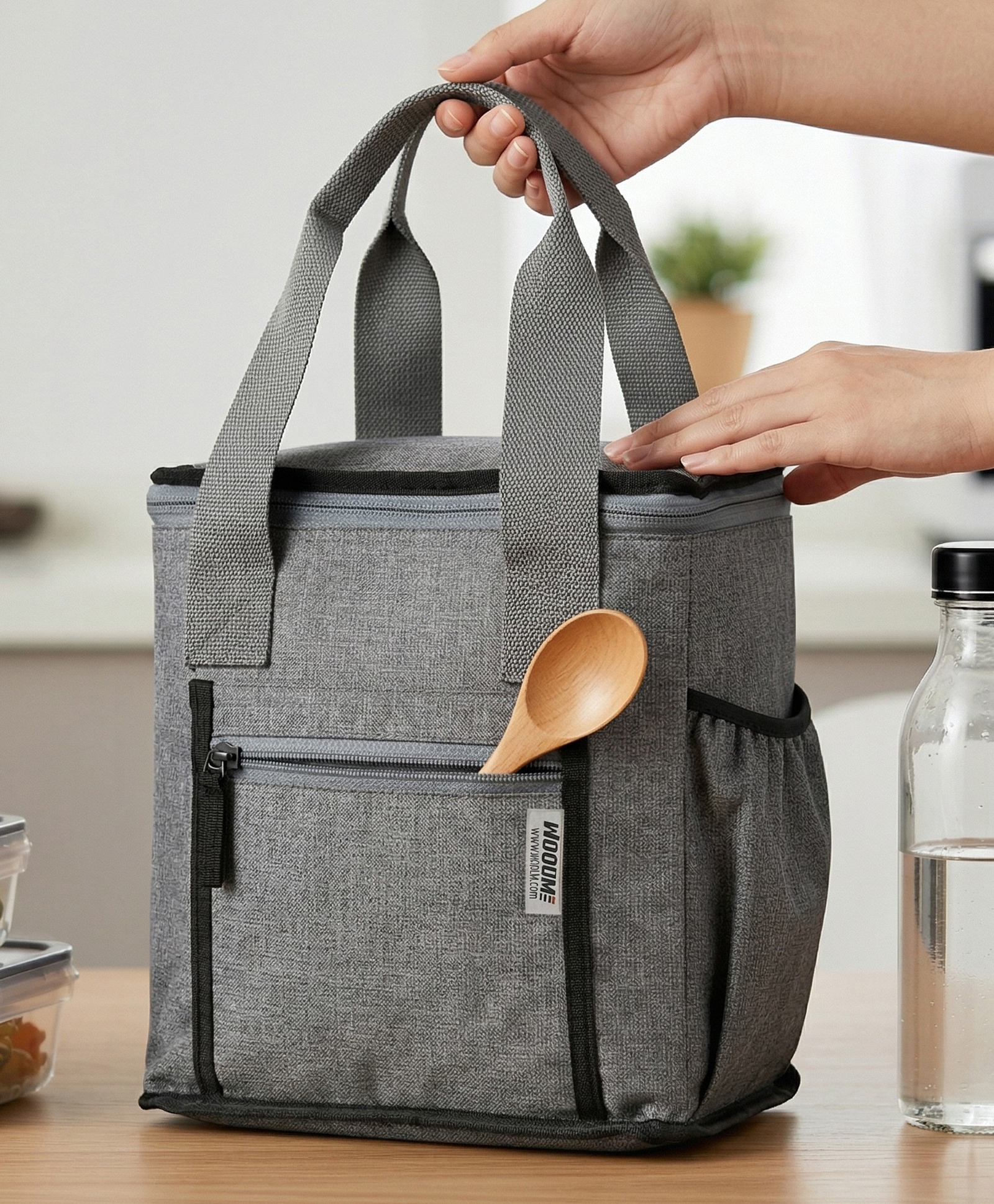 Wooum Thermal Insulated Lunch Bag for Office Men Women Kids | 9L Tiffin Bag with Bottle Holder | Waterproof Food Bag for School, Travel, Work | Leakproof, Compact, 1 Year Warranty (Grey)-image-37