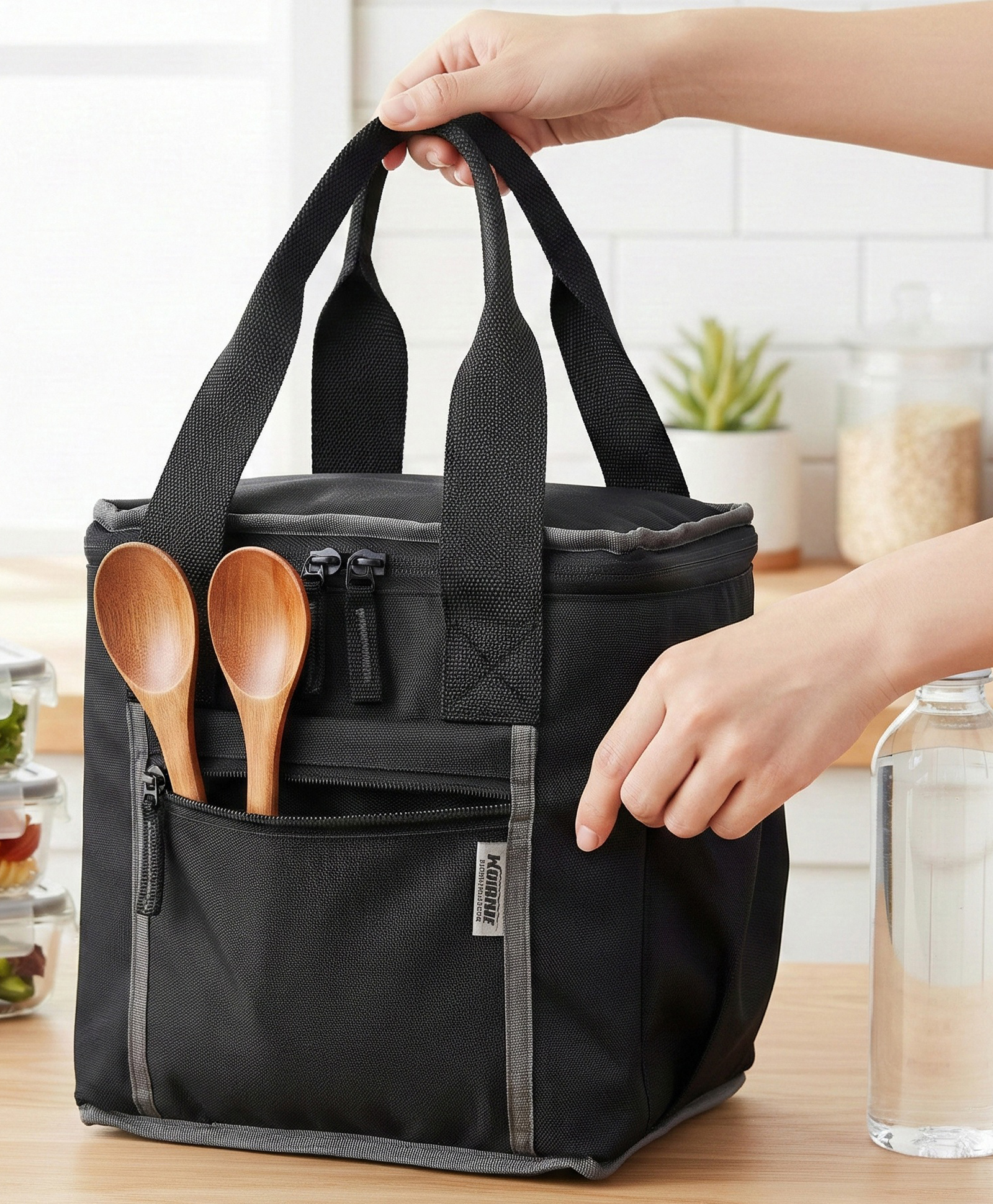 Wooum Thermal Insulated Lunch Bag for Office Men Women Kids | 9L Tiffin Bag with Bottle Holder | Waterproof Food Bag for School, Travel, Work | Leakproof, Compact, 1 Year Warranty (Black)-image-5