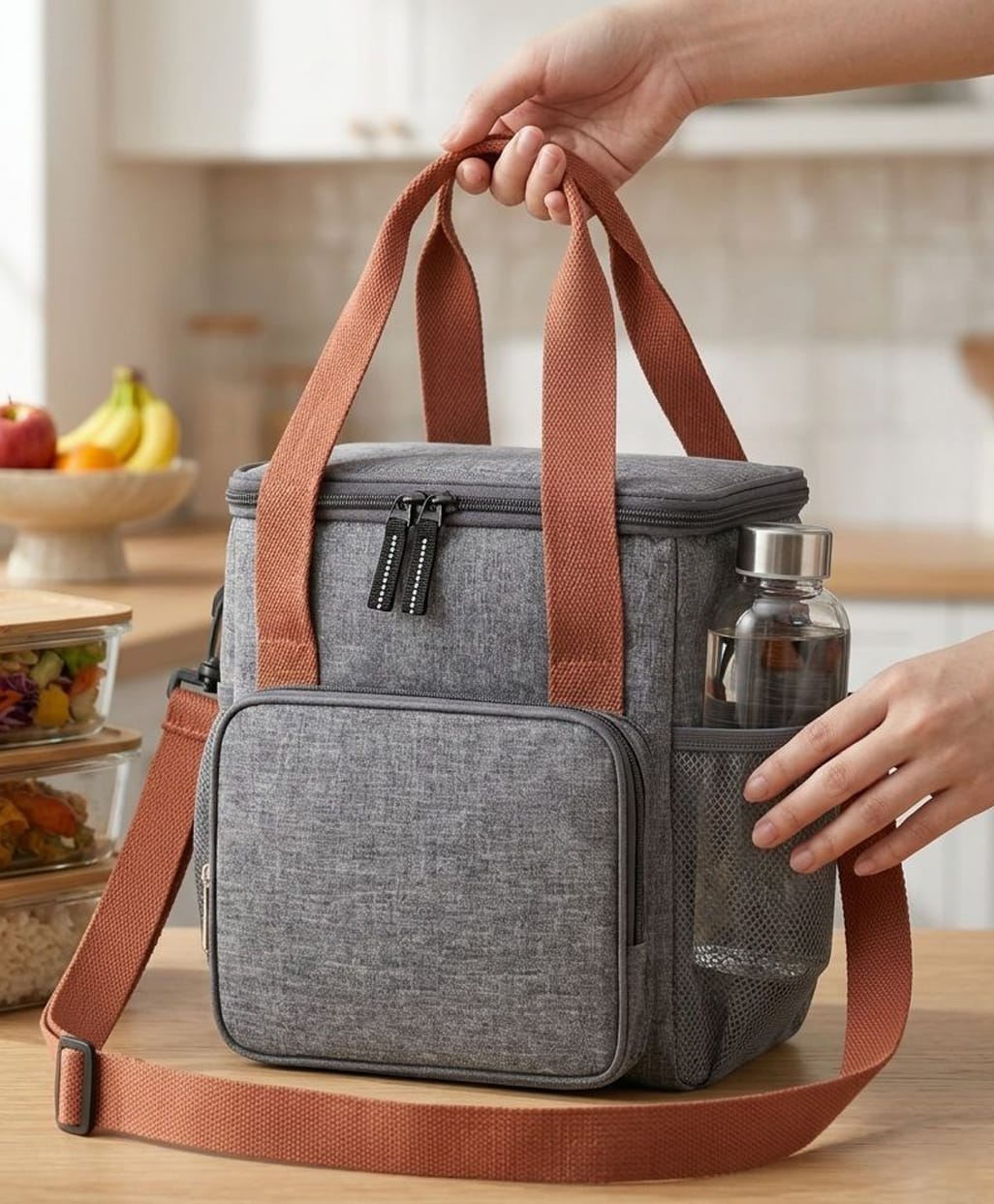 SaleOn Pvc Fabric Lunch Bag, Reusable Grocery Bags, Food Storage Sack Tote Box, Adults, Women, Durable & Spacious Tote For Work, Picnic, Hiking With Adjustable Shoulder Strap (Grey), 9.2 Litre-image-28