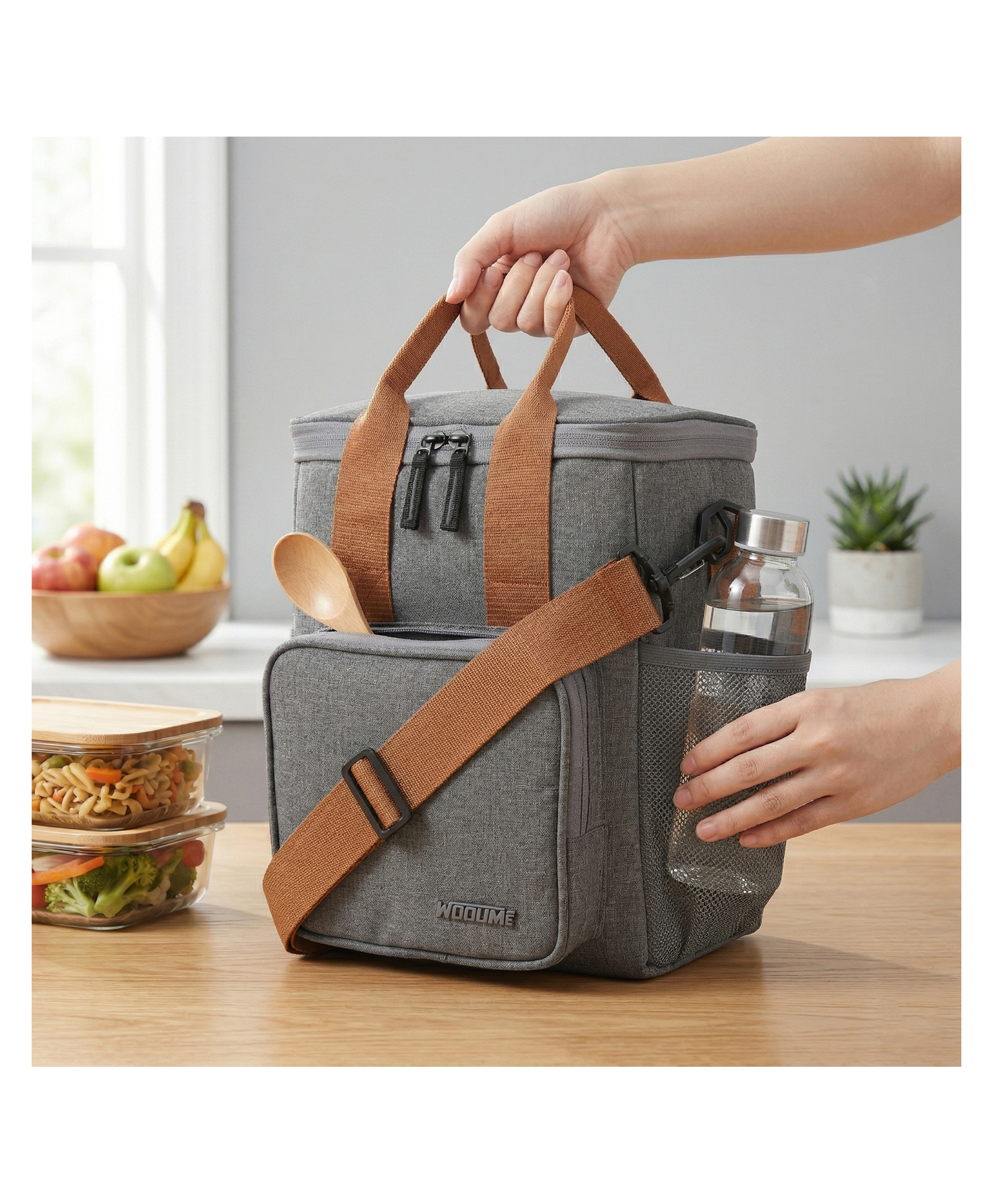 Wooum Shoulder Tiffin Bag Lunch Bag Lunch Holder Meal Container Picnic Lunch Bag with Large Capacity and Water Resistance Fabric - Meal Bag Tiffin Bag - Tgrey-image-23