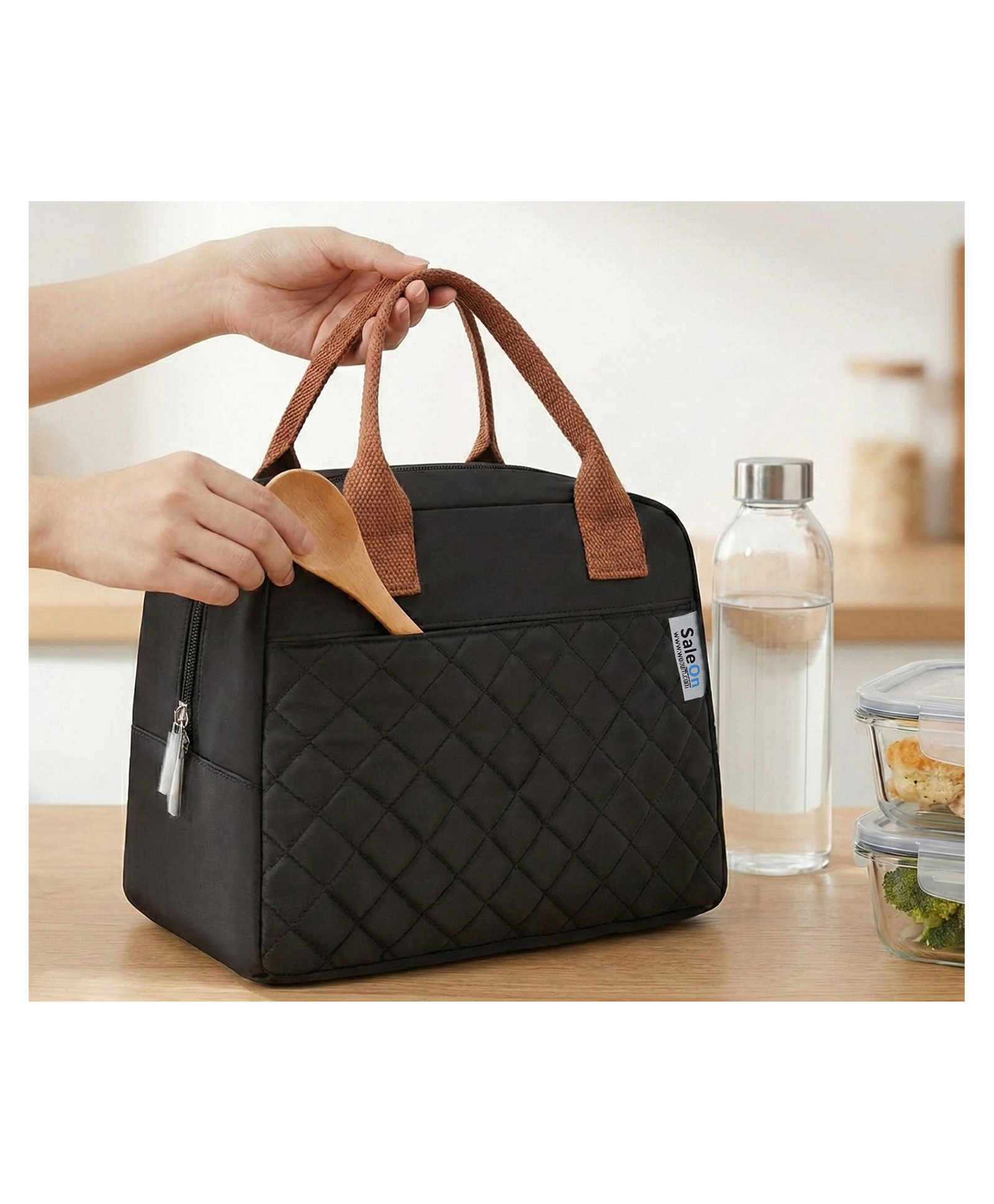 Saleon 7.5 LTR Thermal Insulated Lunch Bag for Women & Girls | Stylish Tiffin Bag | Big Size Food Carrier Tote for Office, College, School | Black Travel Lunch Box Pouch with Handle (Black)-image-4