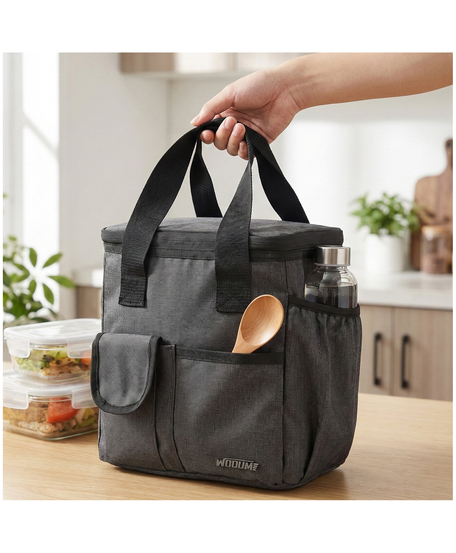 Wooum PVC Fabric Lunch Bag for Men Women for Office Travel Lunch Pouch Lunch Box Bag with Handle Bag for School College and Picnic Navy Blue, 8 Liters (Grey)-image-20