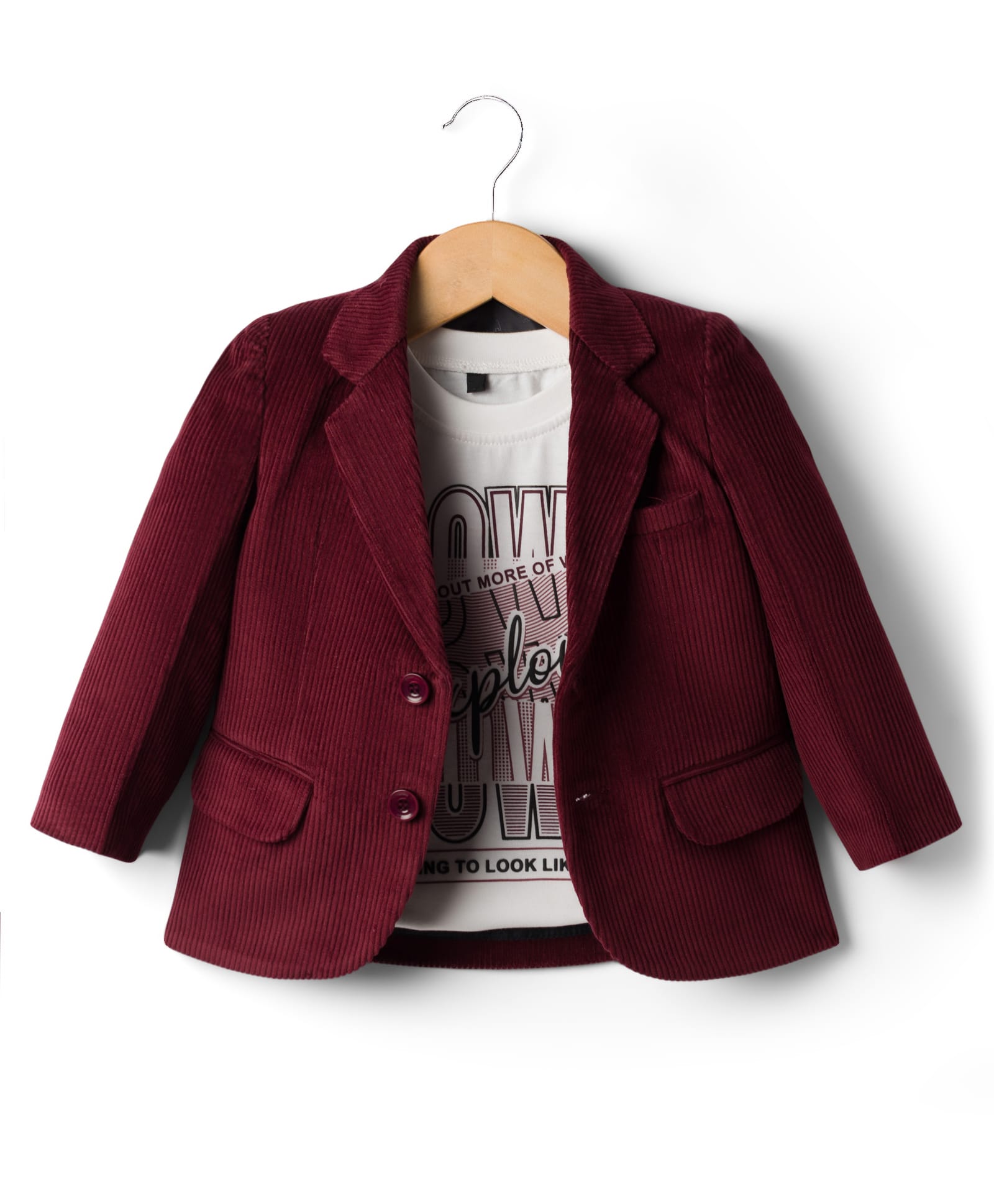 Robo Fry Cotton Woven Full Sleeves Solid Blazer With Text Printed Tee - Maroon-image-12