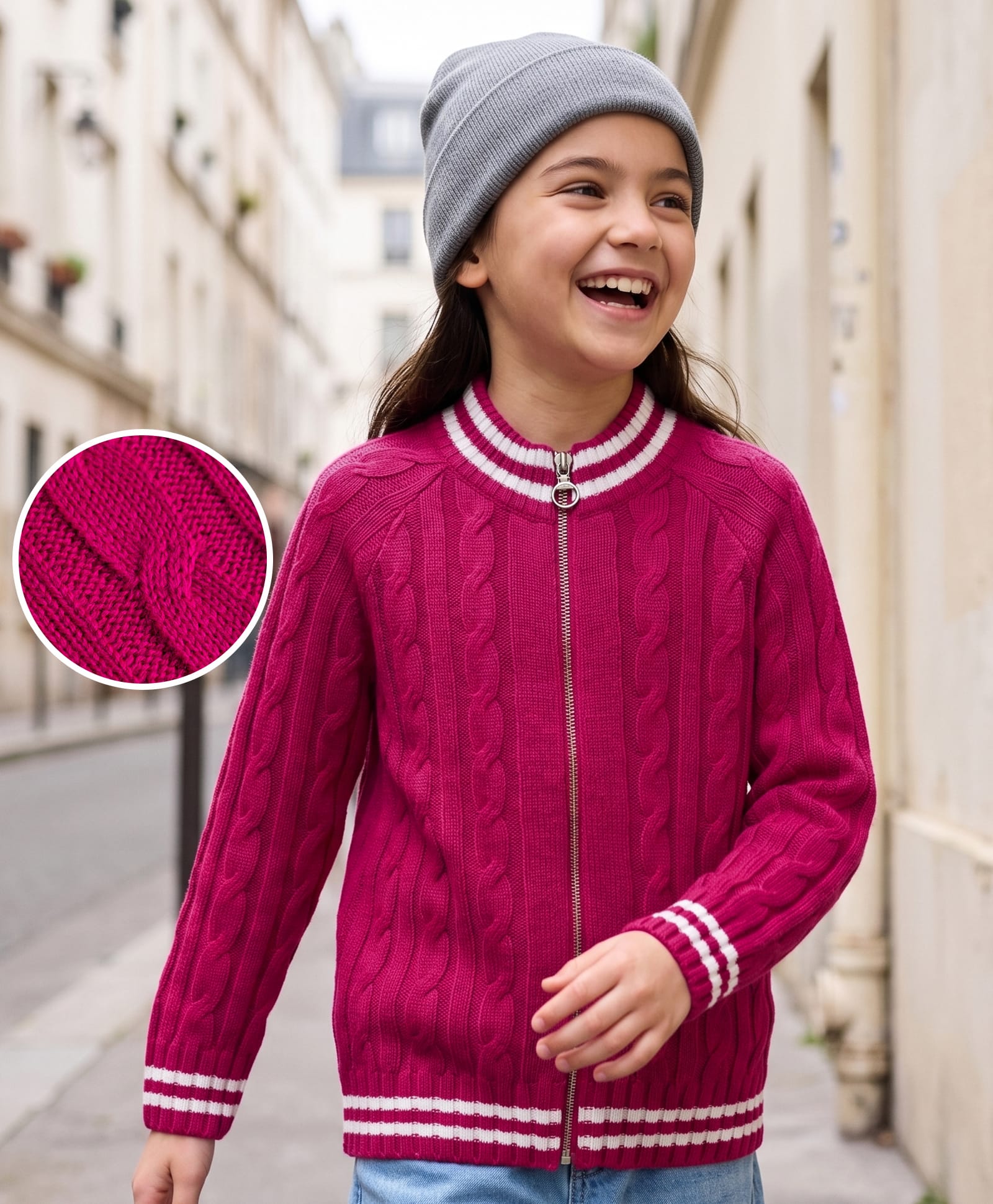 Pine Kids Knitted Full Raglan Sleeves Front Open Sweater with Cable Knit Design - Dark Pink-image-46