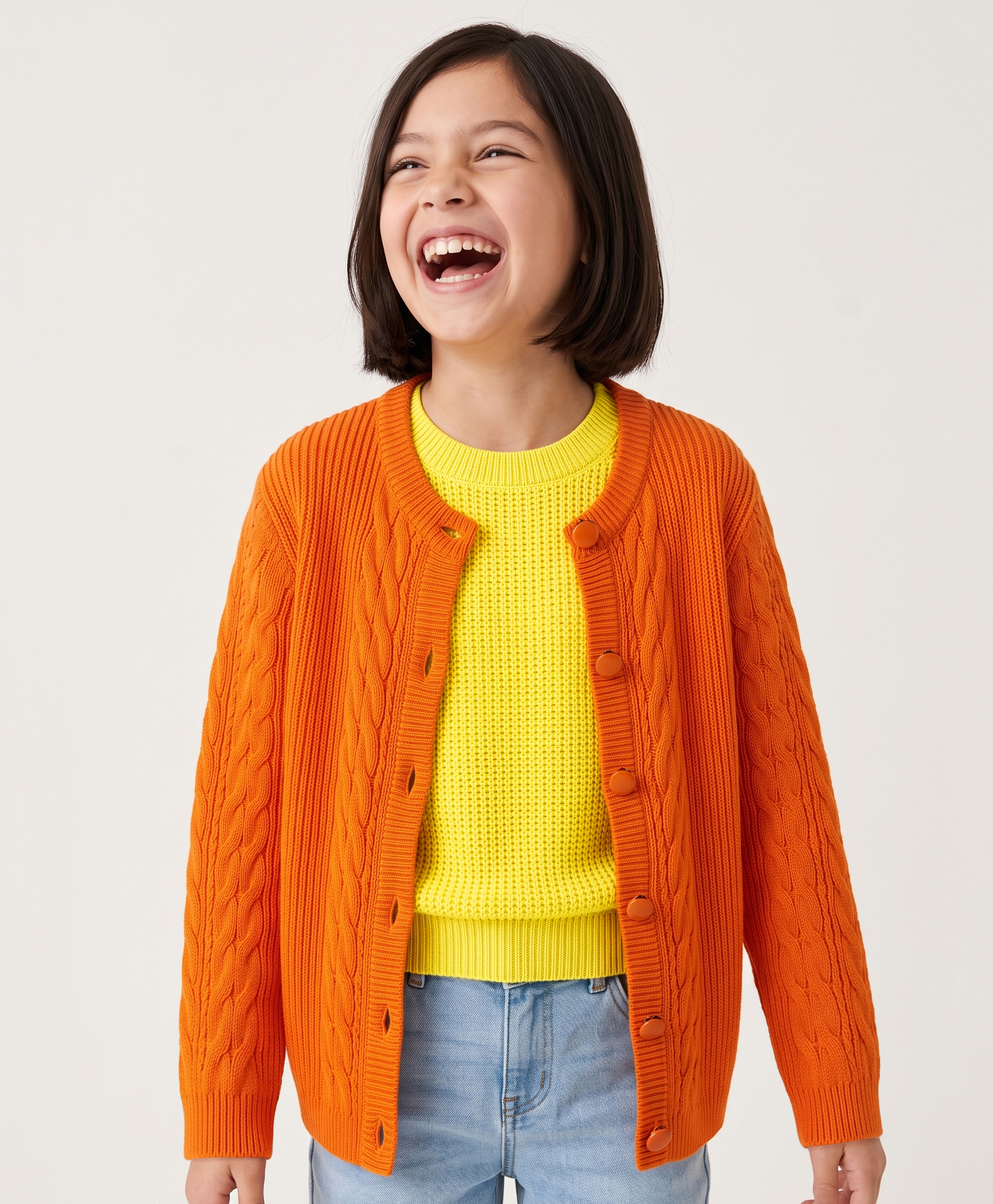 Pine Kids Knit Front Open Full Sleeves Cable Knit Design Sweaters With Sleeveless Inner - Orange & Yellow-image-28