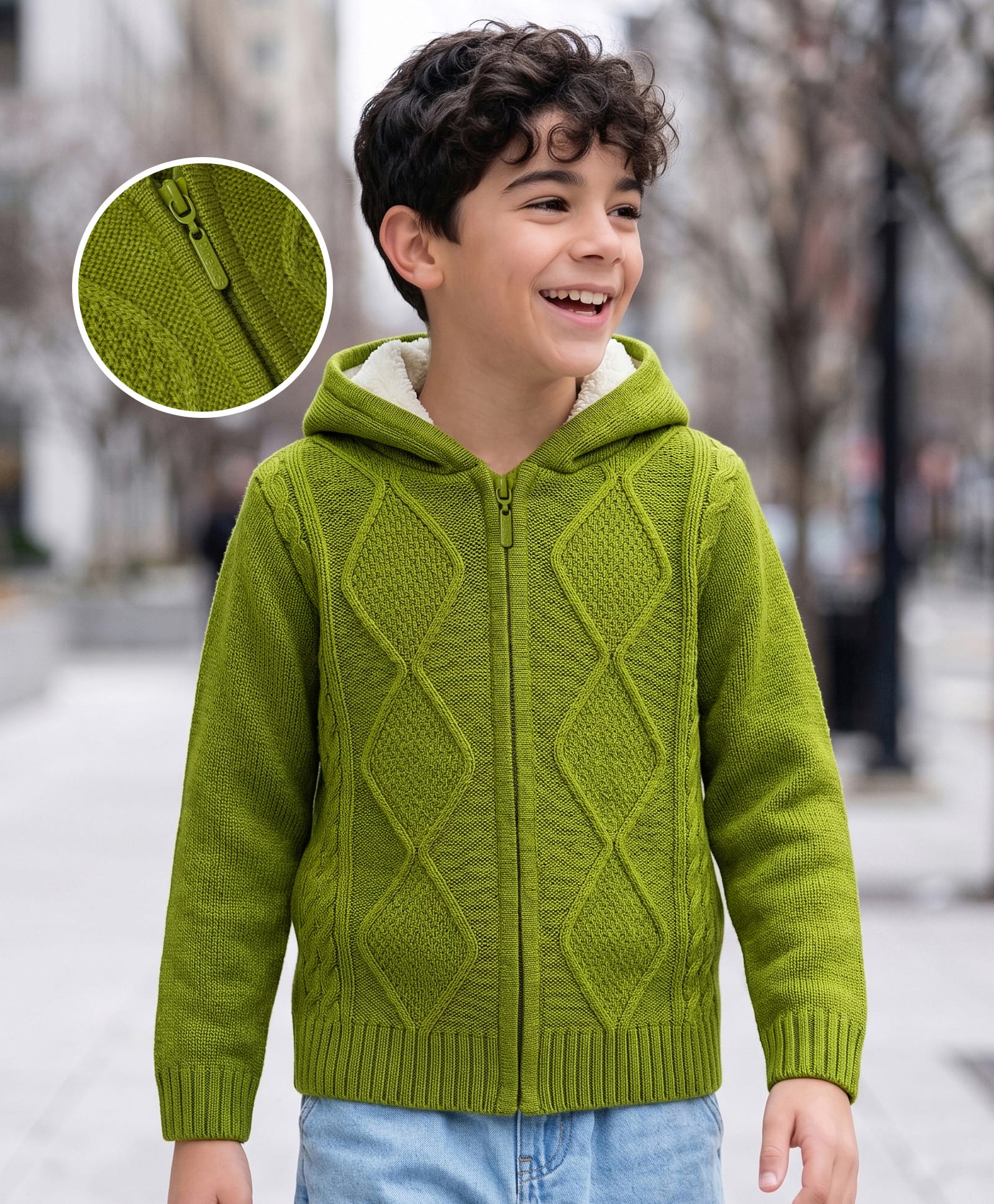 Pine Kids Knit Full Sleeves Hooded Front Open Solid Colour Sweater with Cable Knit Design - Green-picture-28