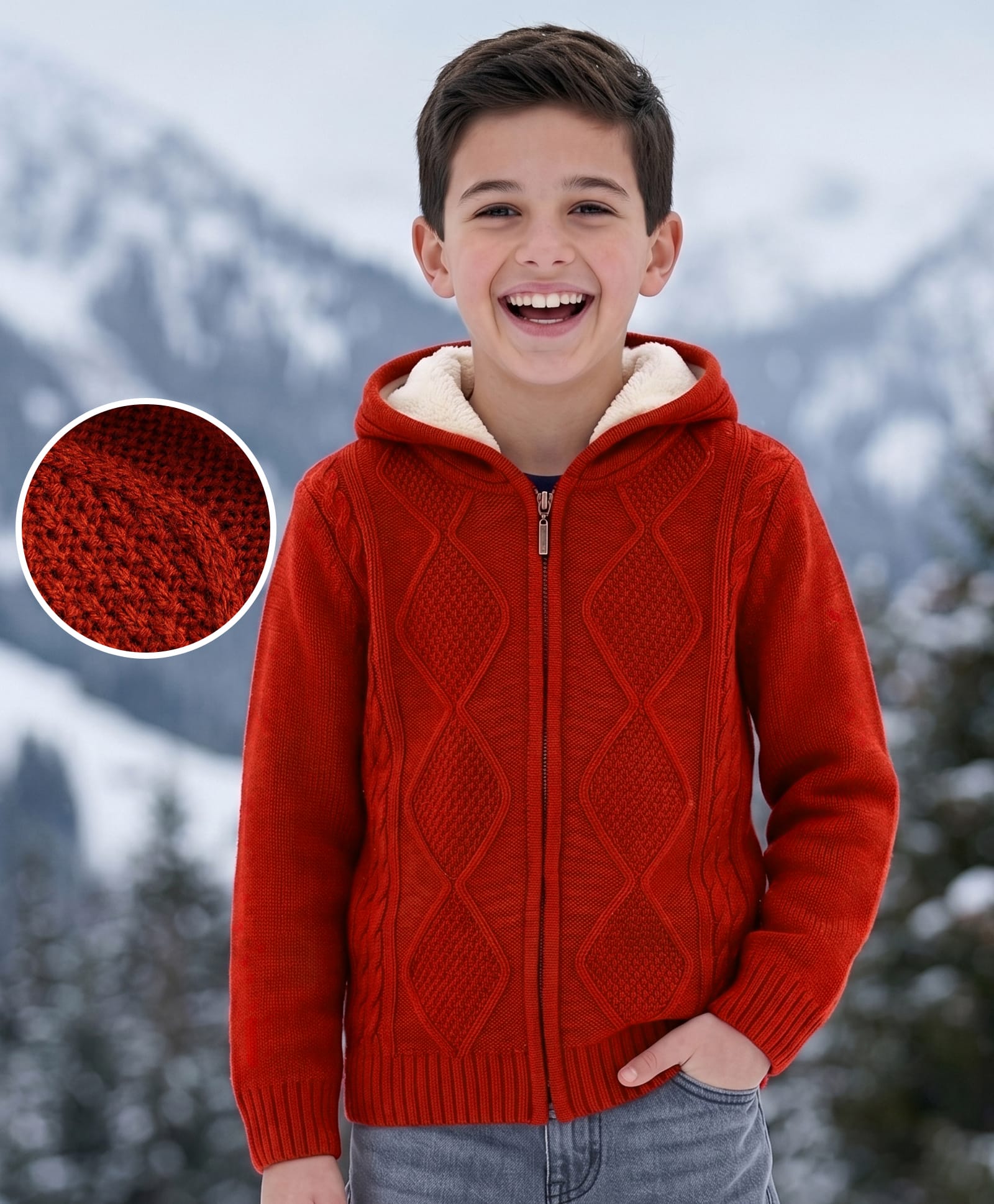 Pine Kids Knit Full Sleeves Solid Colour Hooded Front Open Sweater With Cable Knit Design - Rust Orange-picture-29