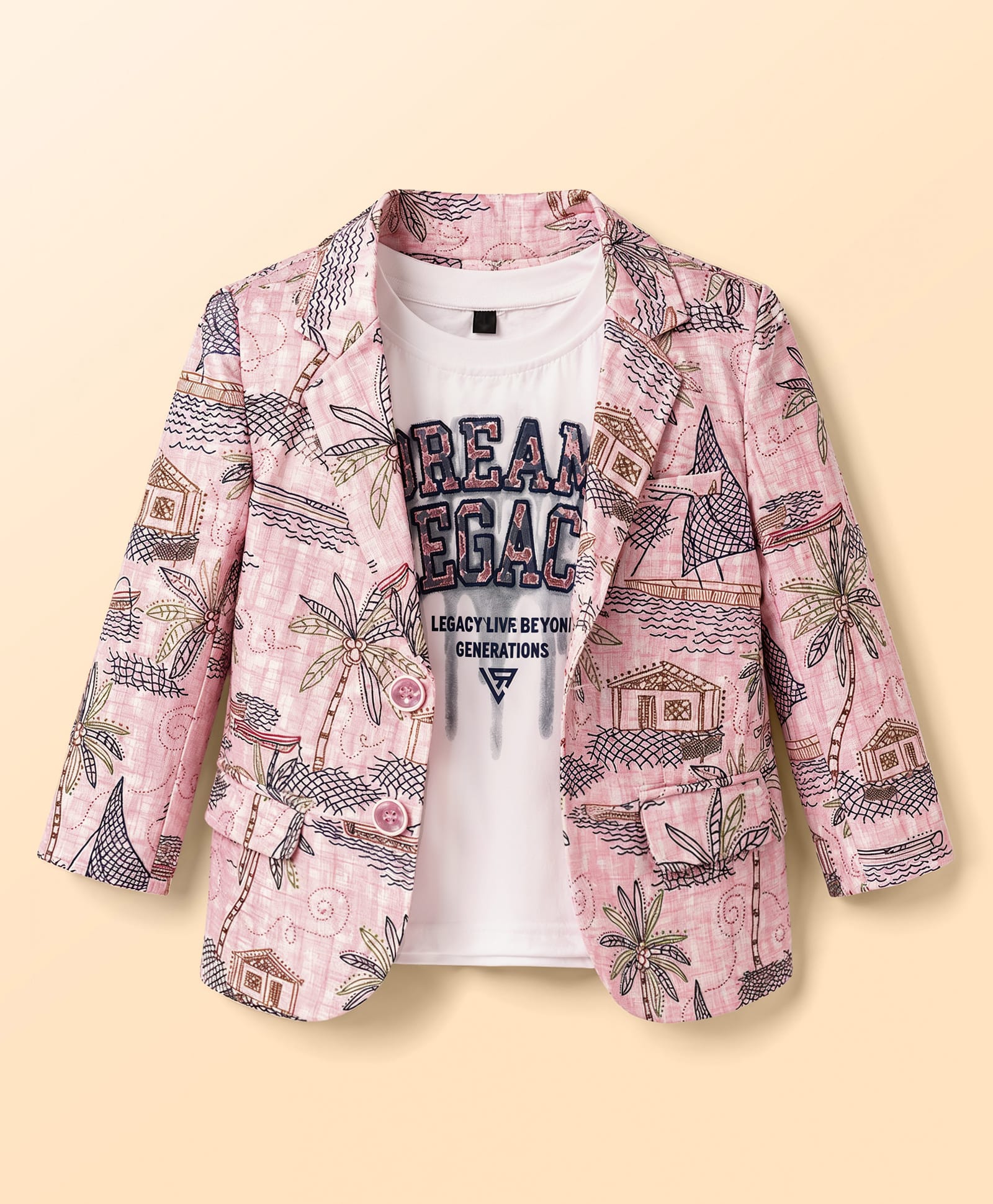 Robo Fry Cotton Woven Full Sleeves Beach Theme Printed Blazer with Printed T-Shirt - Pink-picture-23