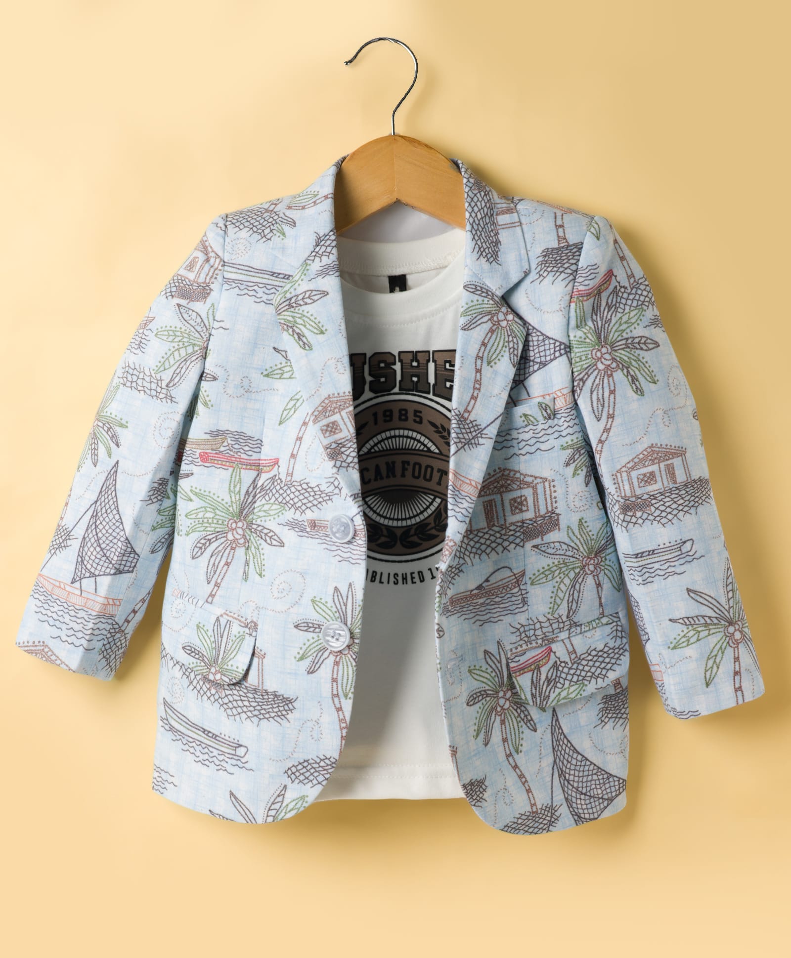 Robo Fry Cotton Woven Full Sleeves Beach Theme Printed Blazer With Text Printed Tee - Light Blue-image-2