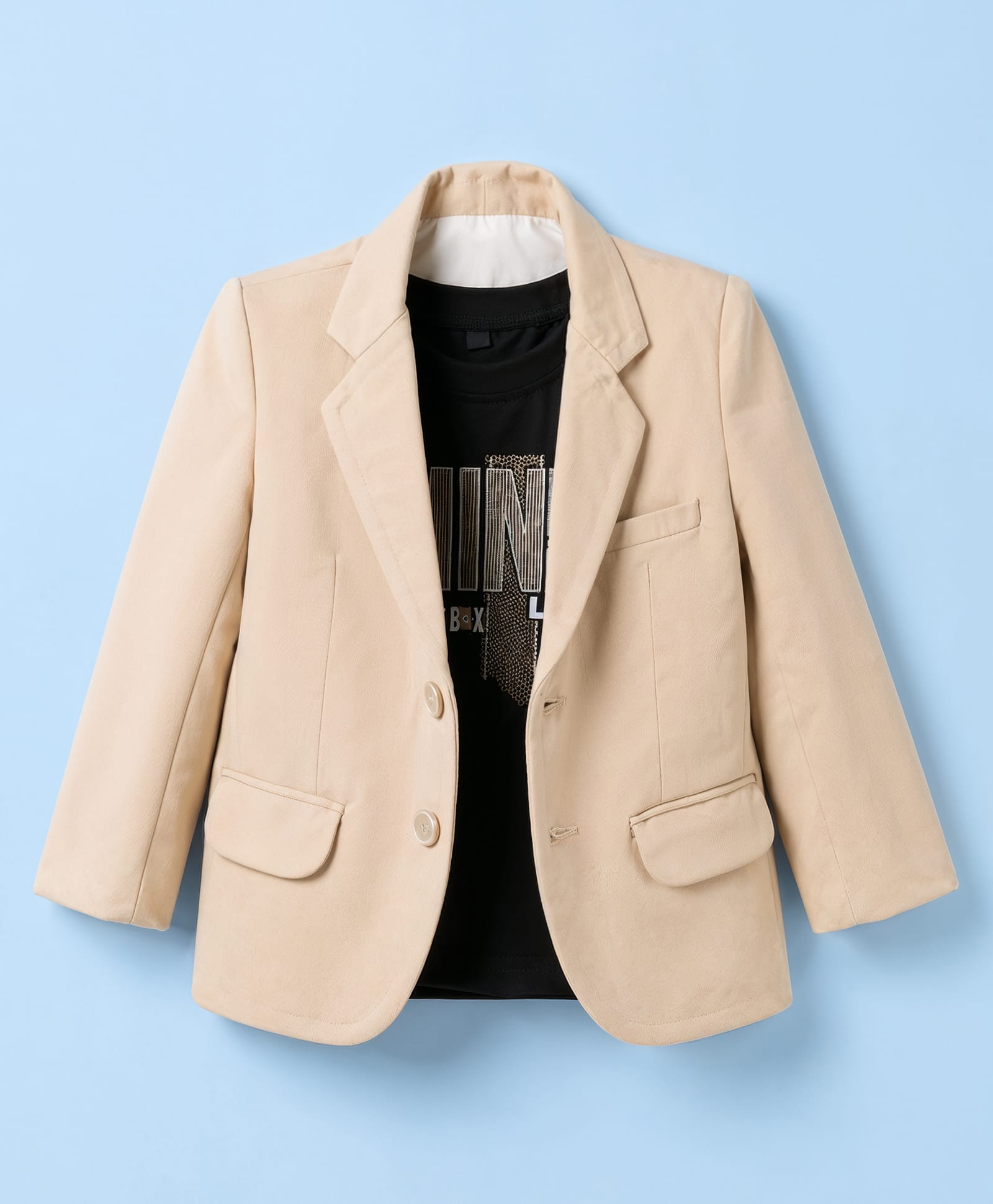 Robo Fry Cotton Woven Full Sleeves Solid Blazer With Text Printed Tee - Beige-image-46