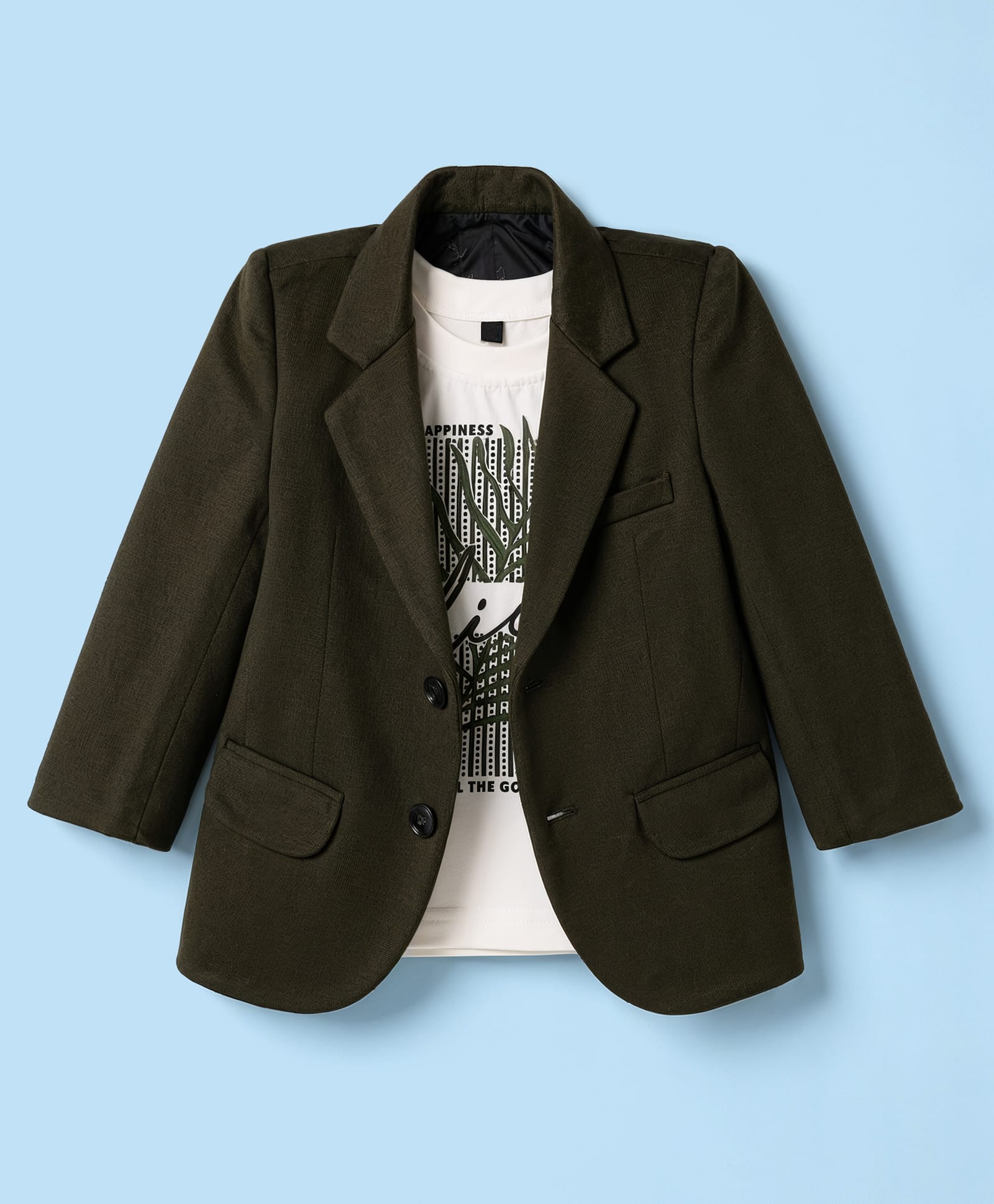 Robo Fry Cotton Woven Full Sleeves Textured Blazer With Text Printed T-Shirt - Dark Green-picture-23