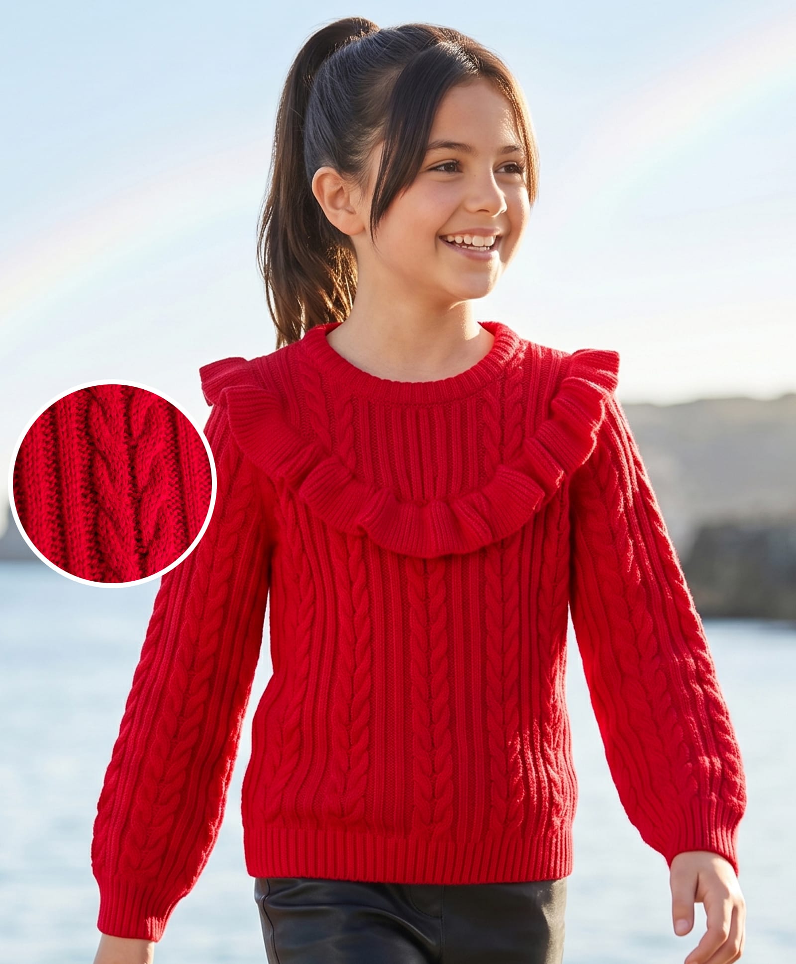 Pine Kids Knitted Full Sleeves Pullover with Cable Knit Design - Red-image-38