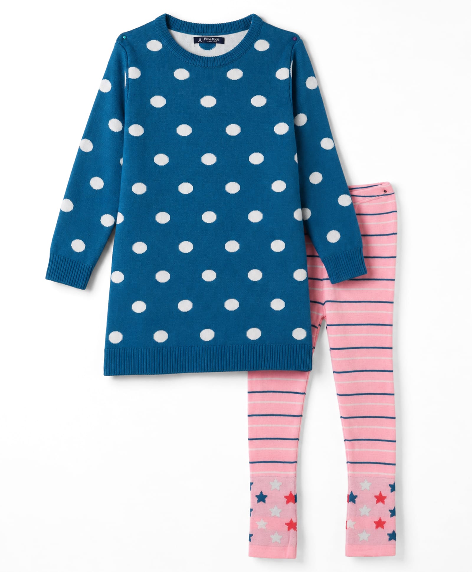 Pine Kids Knit Full Sleeves Sweater Set With Polka Dot & Star Design - Pink-image-47