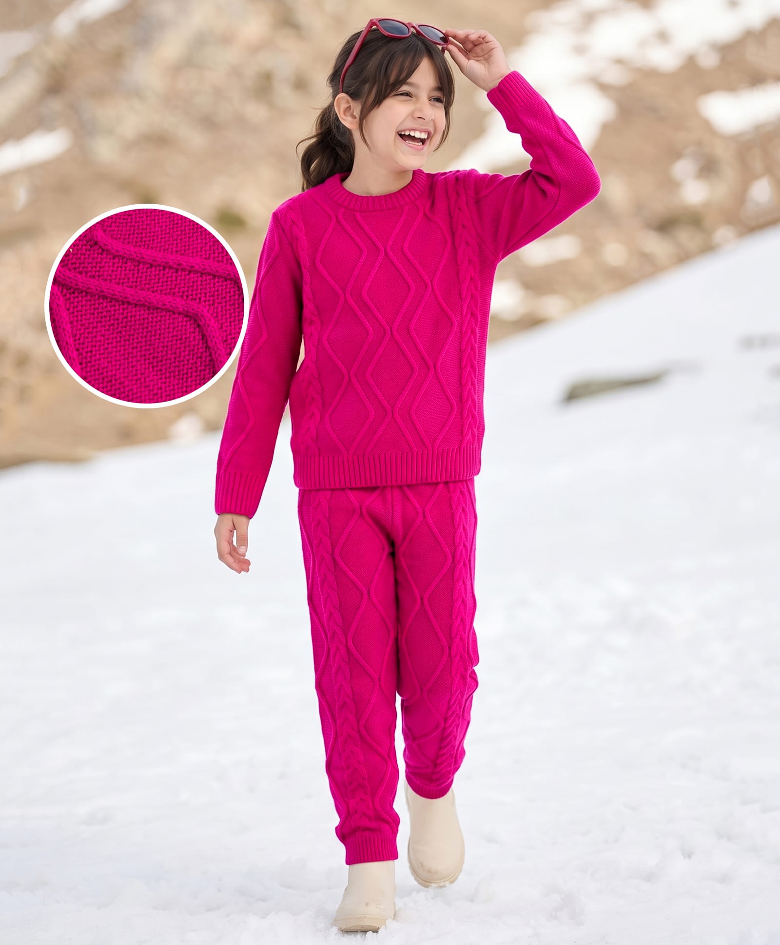 Pine Kids Knitted Full Sleeves Sweater Set with Cable Knit Design - Dark Pink-picture-14