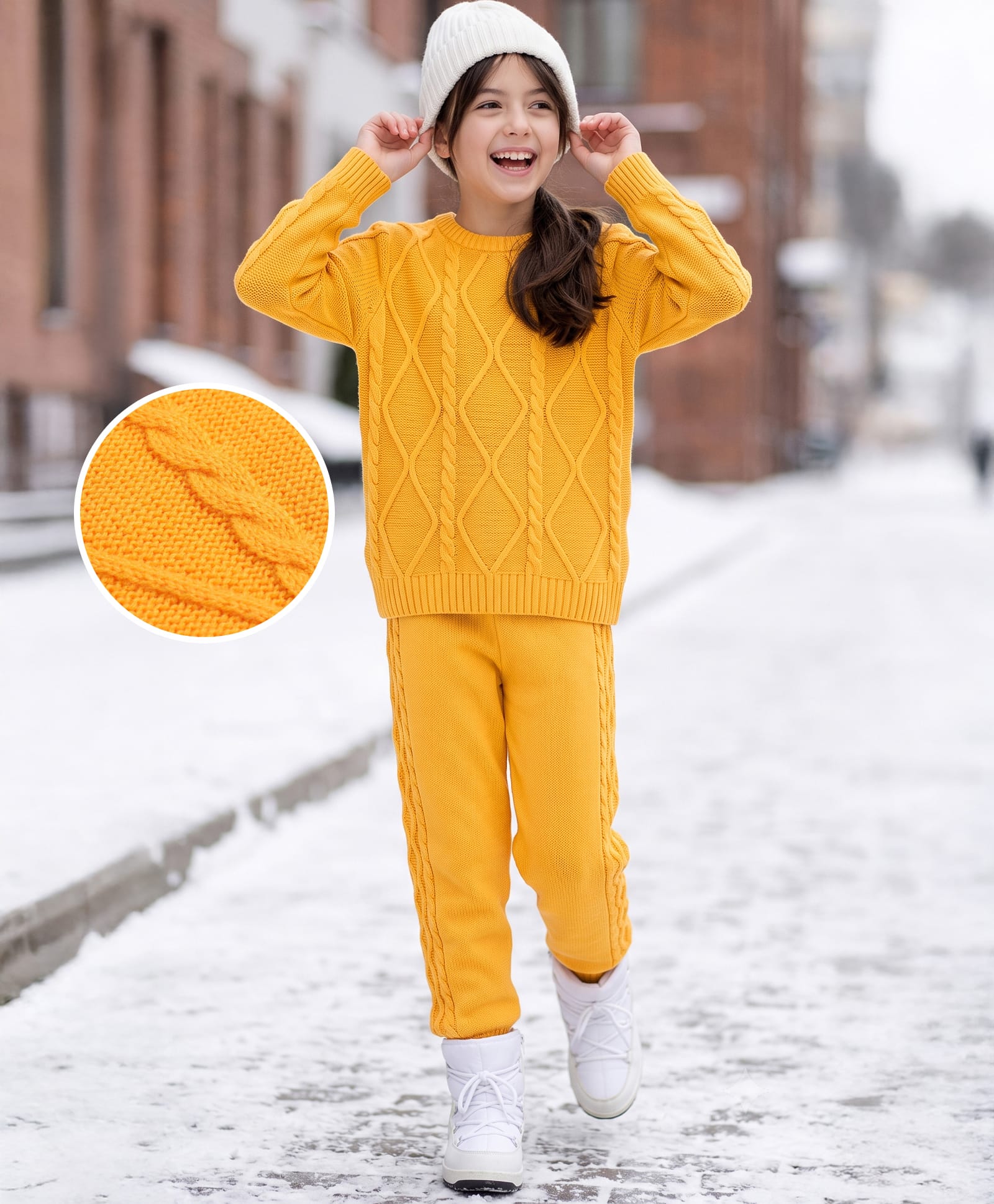 Pine Kids Knit Full Sleeves Sweater Set With Cable Knit Design - Mustard-picture-18