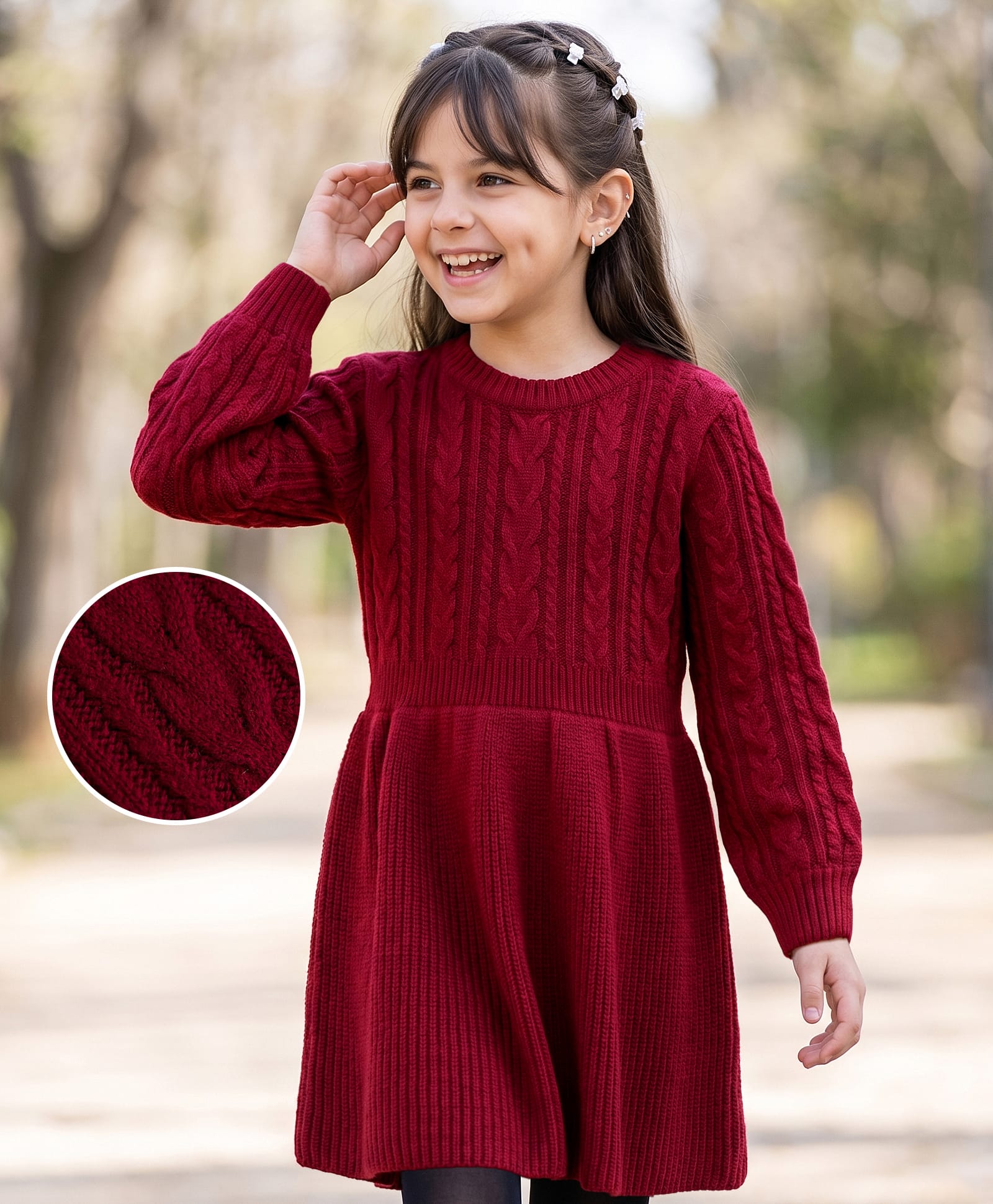 Pine Kids Knitted Full Sleeves Woolen Dress with Cable Knit Design - Red-picture-18