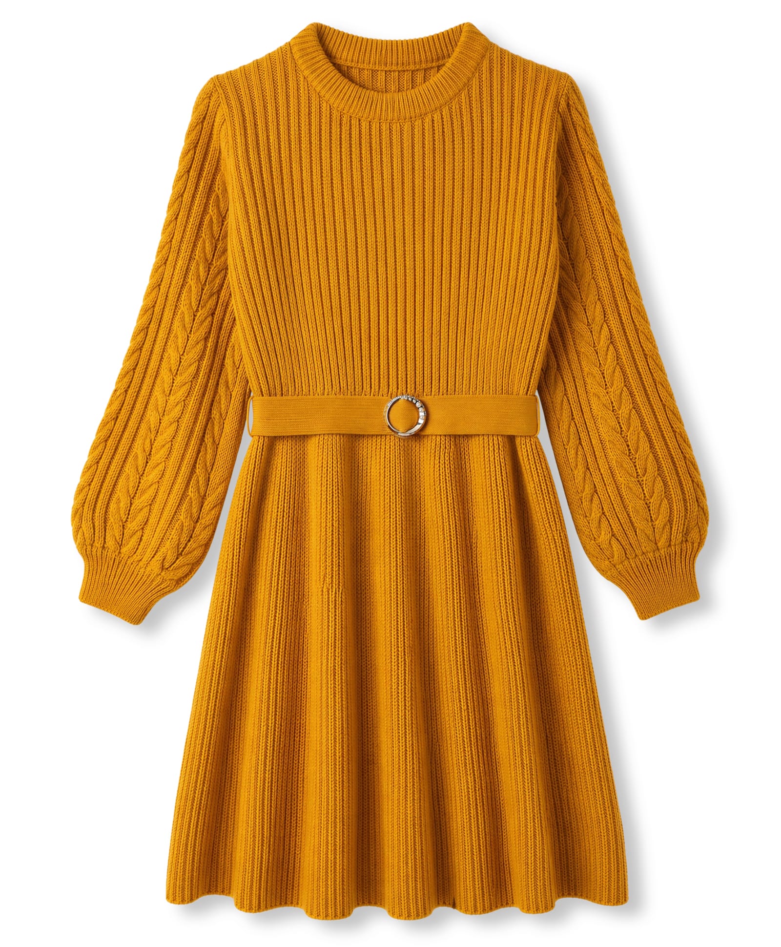 Pine Kids Knit Full Sleeves Solid Colour Sweater Dress with Belt & Cable Knit Design - Mustard-picture-35
