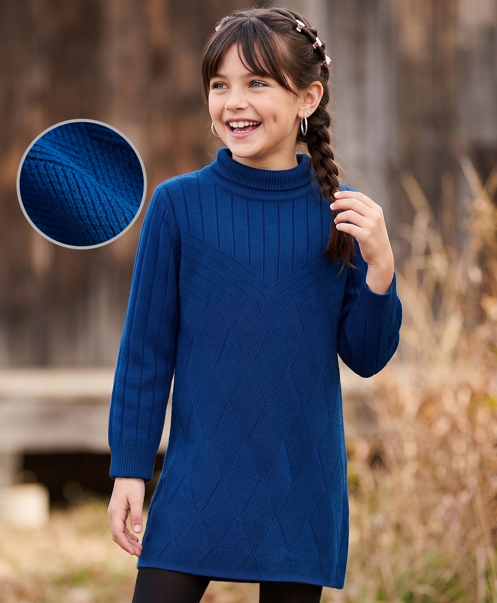 Pine Kids Knitted Full Sleeves Woolen Dress with Abstract Design - Navy Blue-picture-28