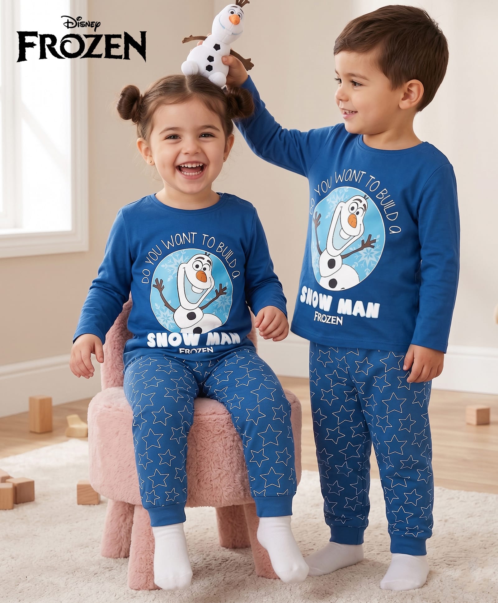 Babyhug Disney Single Jersey Knit Full Sleeves T-Shirt & Pyjama Night Suit With Olaf Graphic & Star Print - Navy Blue-image-31