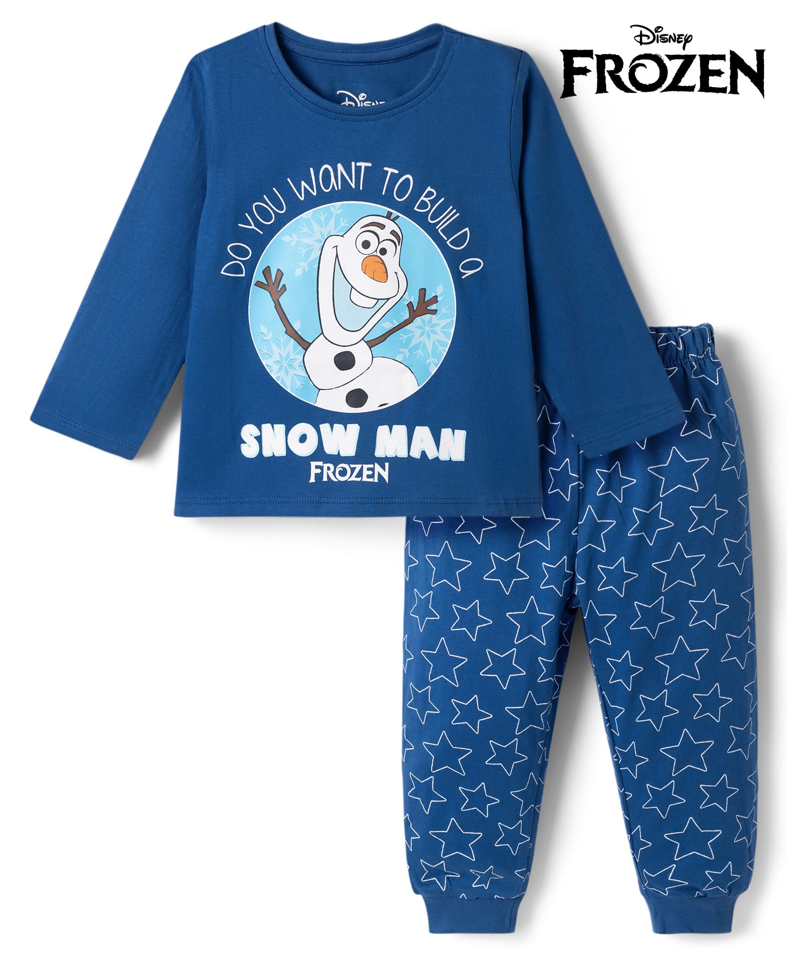 Babyhug Disney Single Jersey Knit Full Sleeves T-Shirt & Pyjama Night Suit With Snow Man Graphic & Star Print - Navy Blue-picture-14