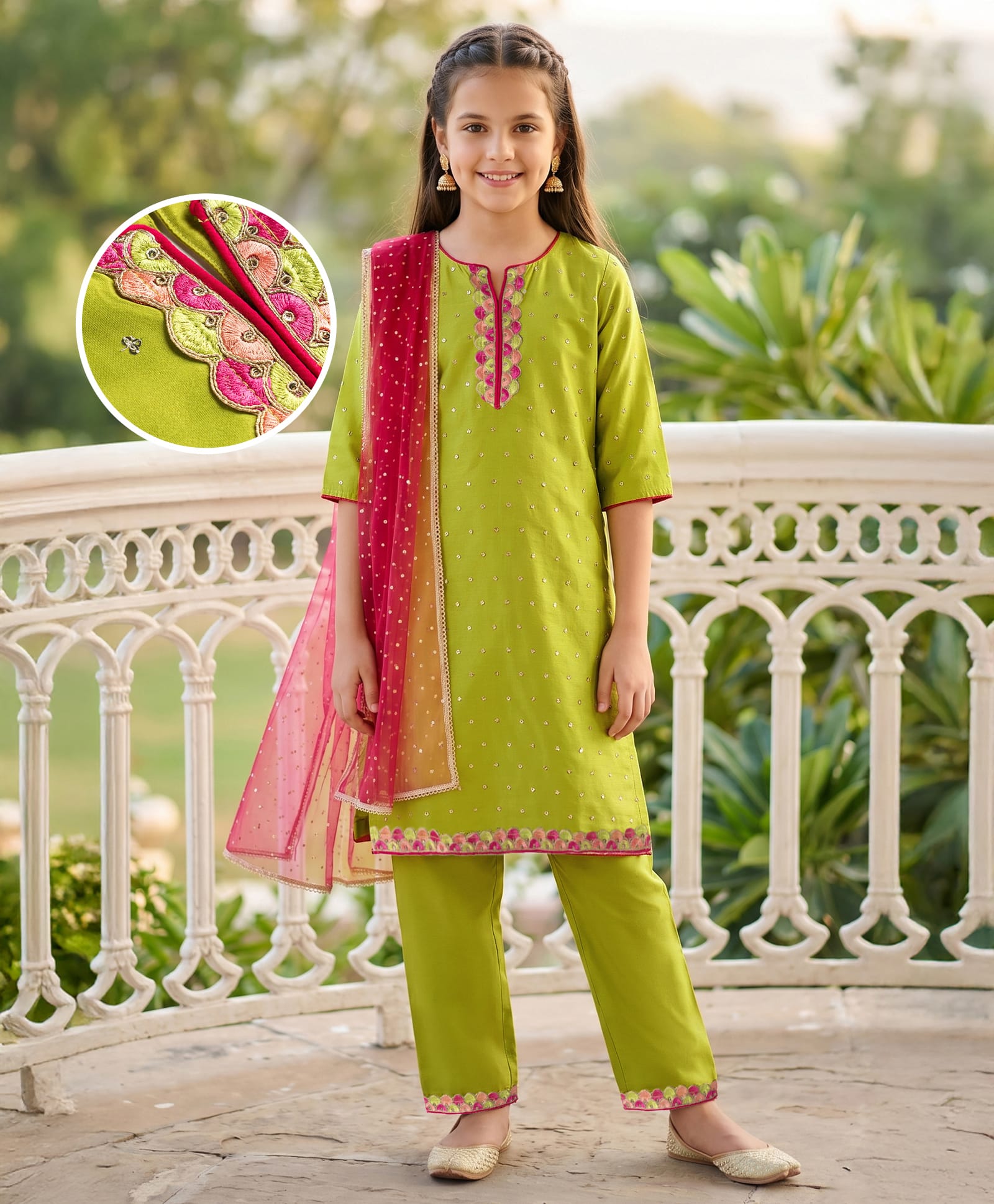 Pine Kids Woven Three Fourth Sleeves Sequinned & Embroidered Neck Kurti Churidar Set with Dupatta - Light Green-image-47