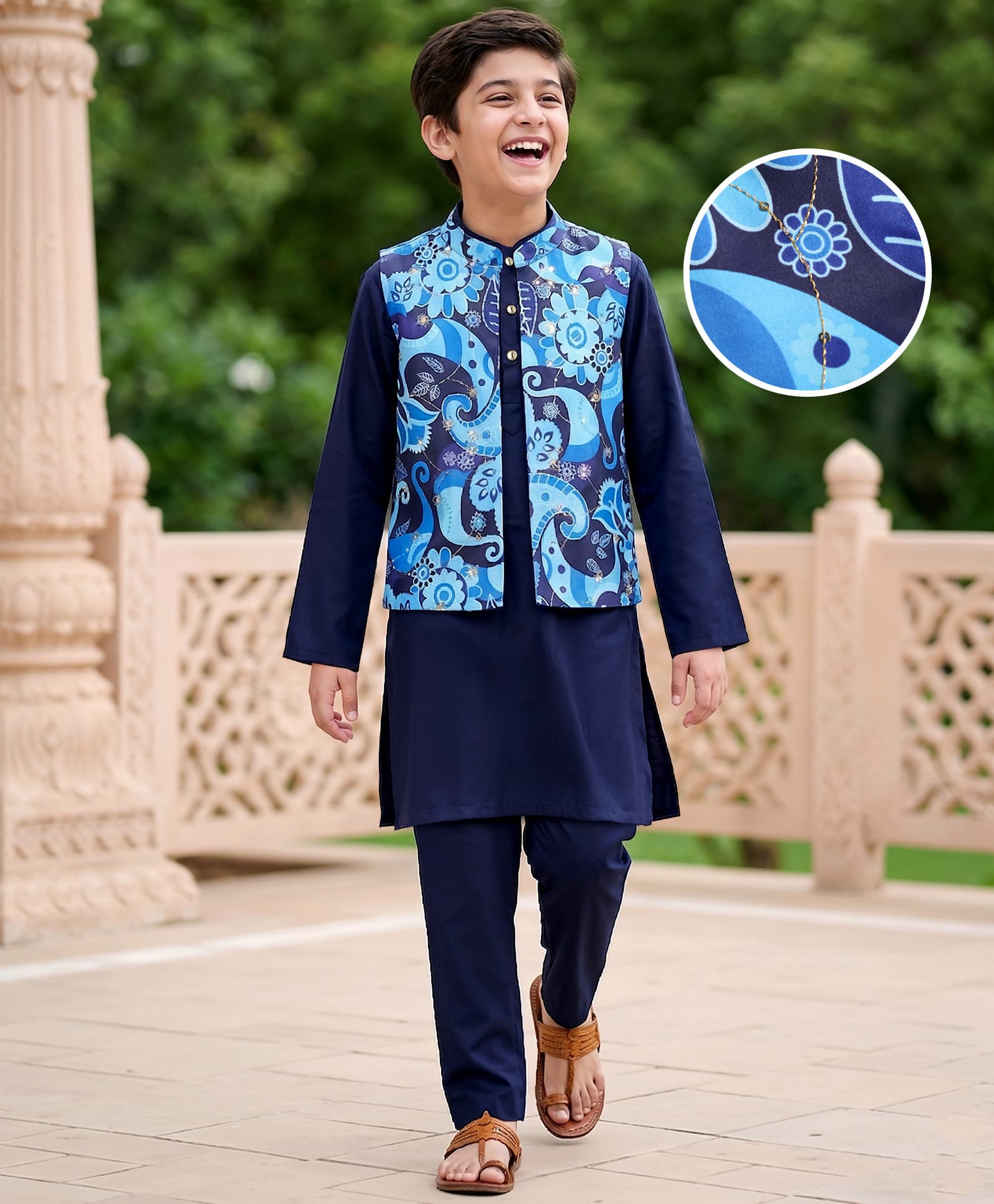 Pine Kids Woven Full Sleeves Floral Printed & Embroidered Kurta & Pyjama Set With Jacket - Navy Blue-image-35