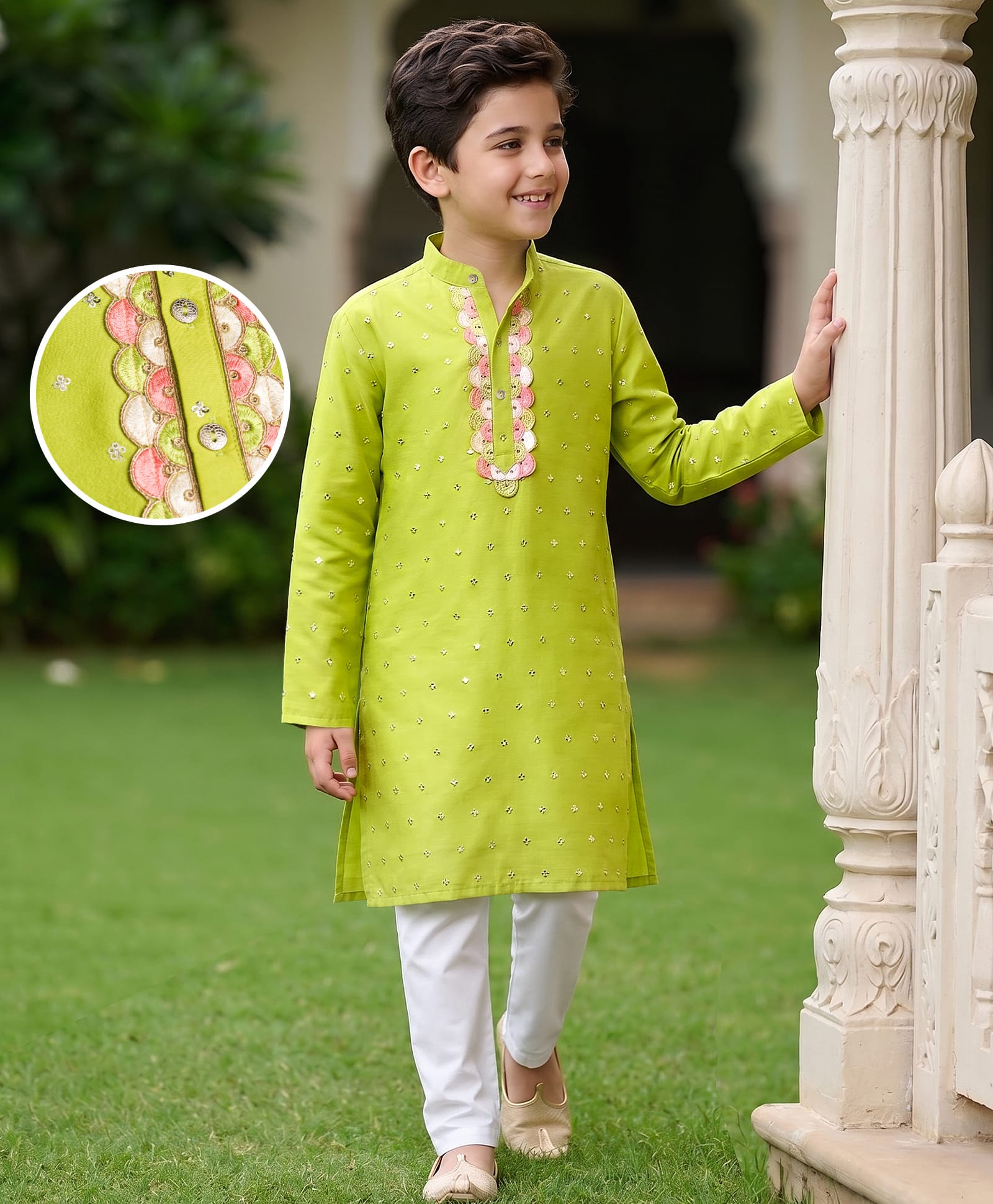 Pine Kids Woven Full Sleeves Sequinned Kurta & Pyjama Set - Lime Green-image-37
