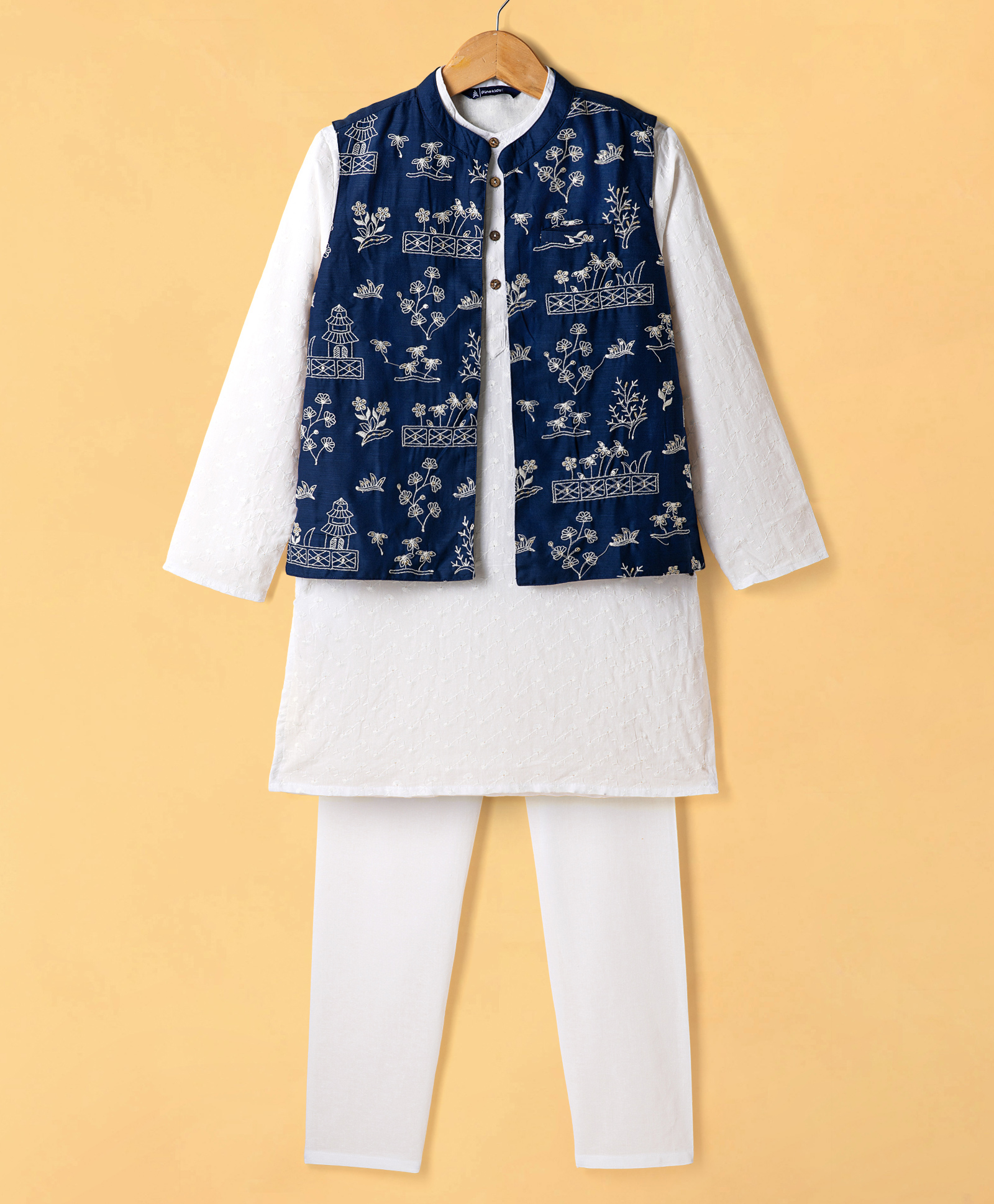 Pine Kids Cotton Woven Full Sleeves Kurta Pajama Set with Floral Embroidered Nehru Jacket - White & Navy-picture-32