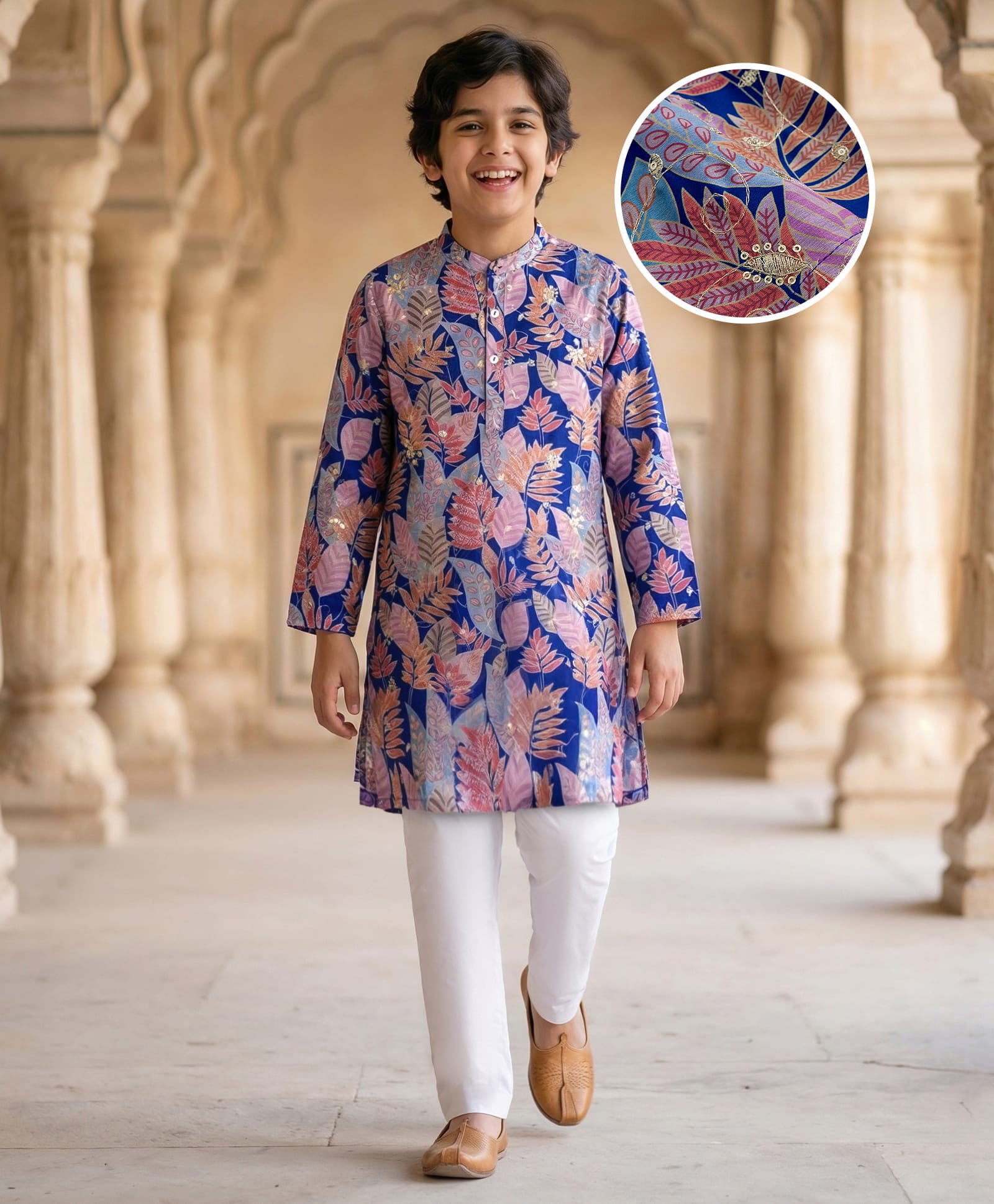Pine Kids Woven Full Sleeves Kurta Pyjama Set with Floral Print & Sequinned Design - Royal Blue-image-31
