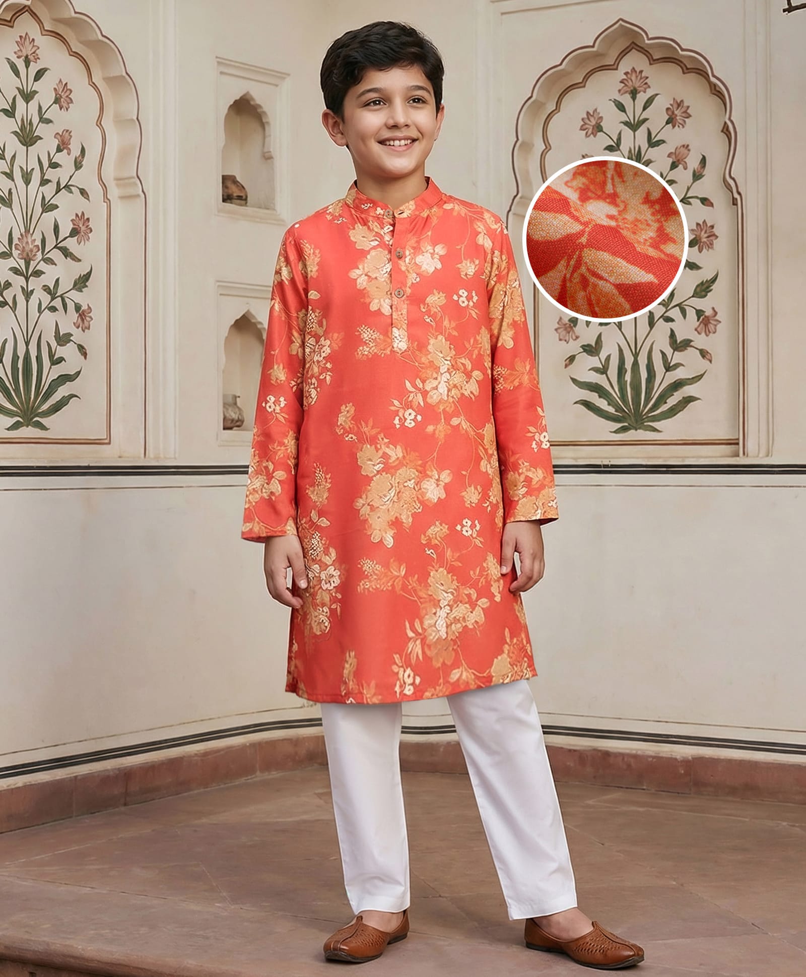 Pine Kids Cotton Woven Full Sleeves Floral Printed Kurta Pajama Set - Orange-image-25