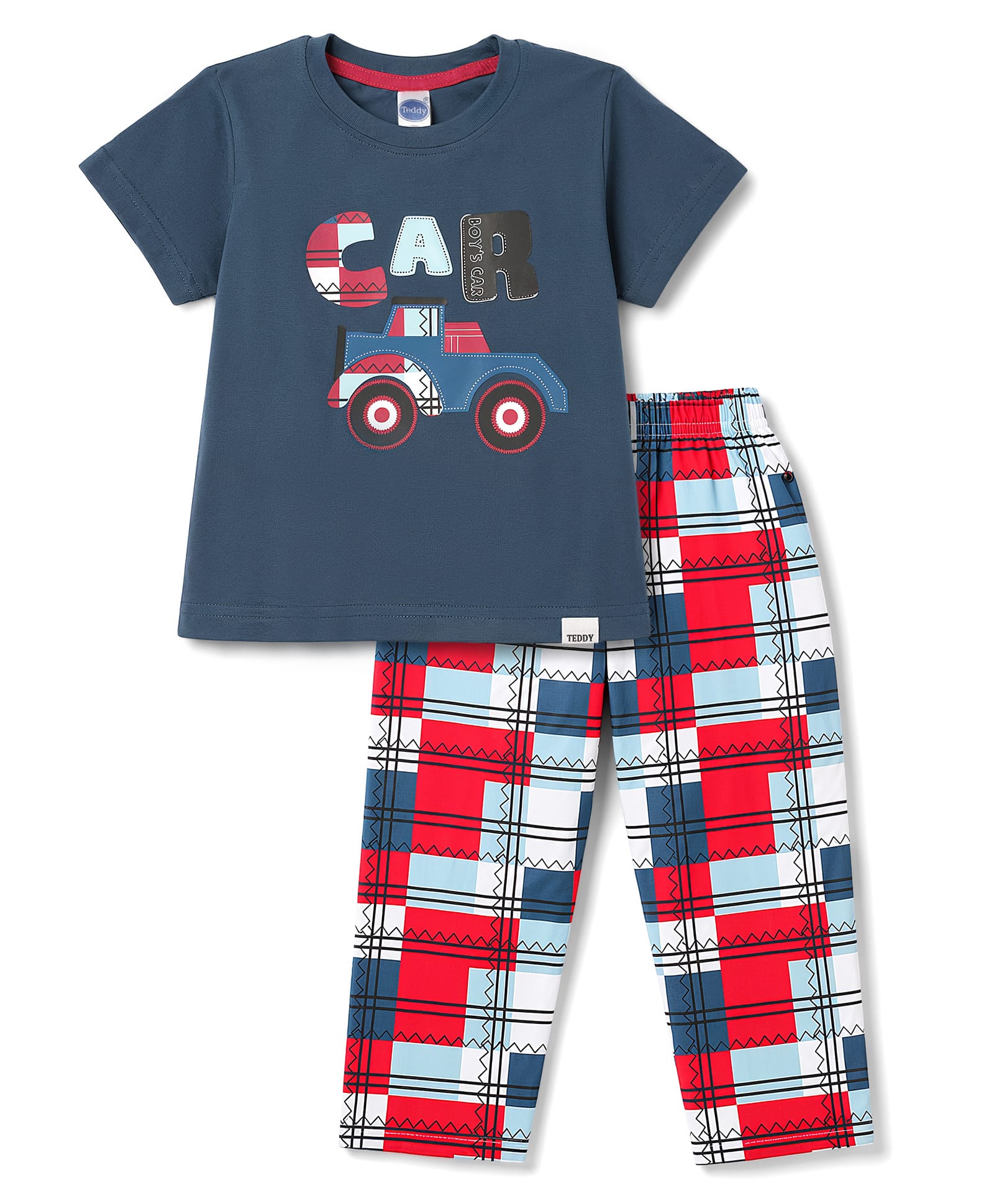 Teddy Sinker Knit Half Sleeves T-Shirt & Pyjama Night Suit Car Print - Navy-picture-43