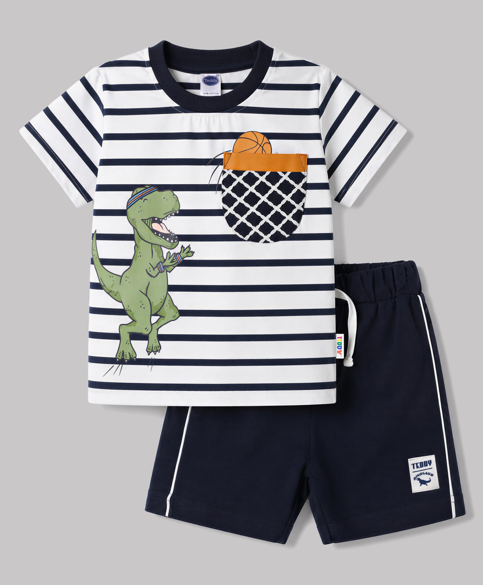Teddy Sinker Knit Half Sleeves Striped T-Shirt & Shorts Set With Dino Print - Navy Blue-picture-2