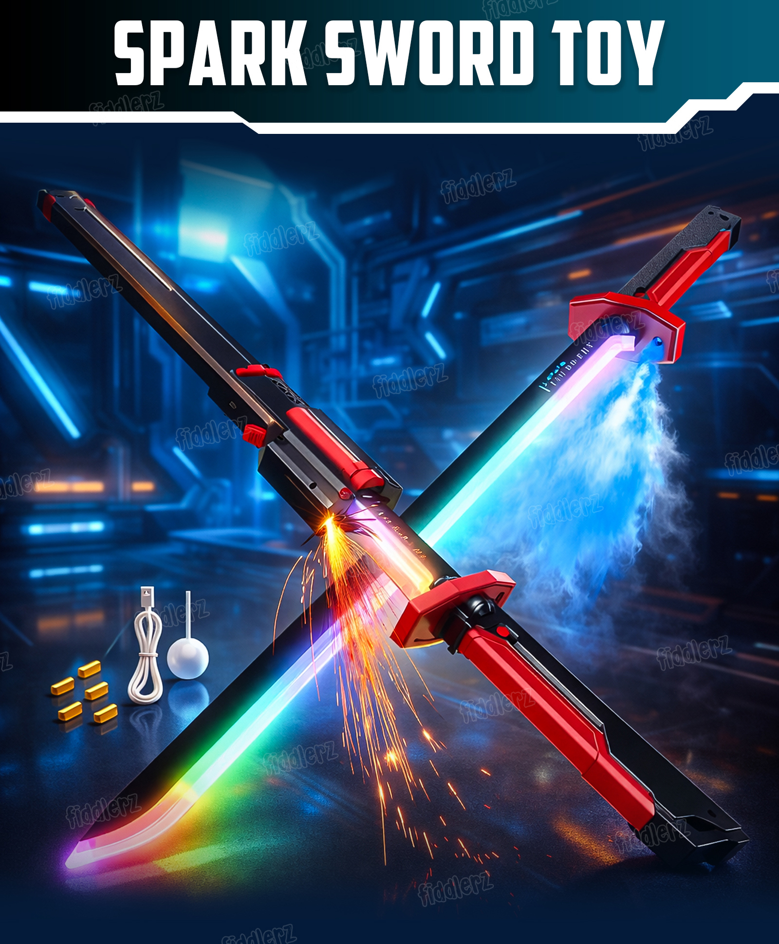 Fiddlerz LED Light Up Sword Toy with Mist Spray and Spark Effect Rechargeable Type C with Sound Sword for Kids Ninja Role Play Toy for Boys and Girls - Multicolor-image-3
