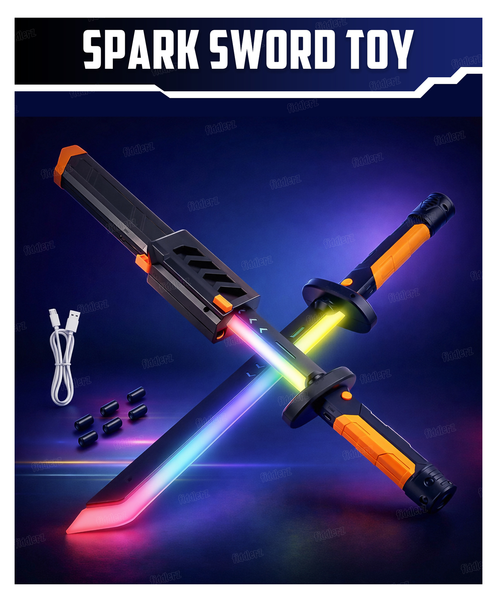 Fiddlerz Sword Toy with Lights and Mist Spray Rechargeable Type C LED Light Up Sword with Spark Effect and Sound Kids Role Play Toy for Boys and Girls - Multicolor-image-5